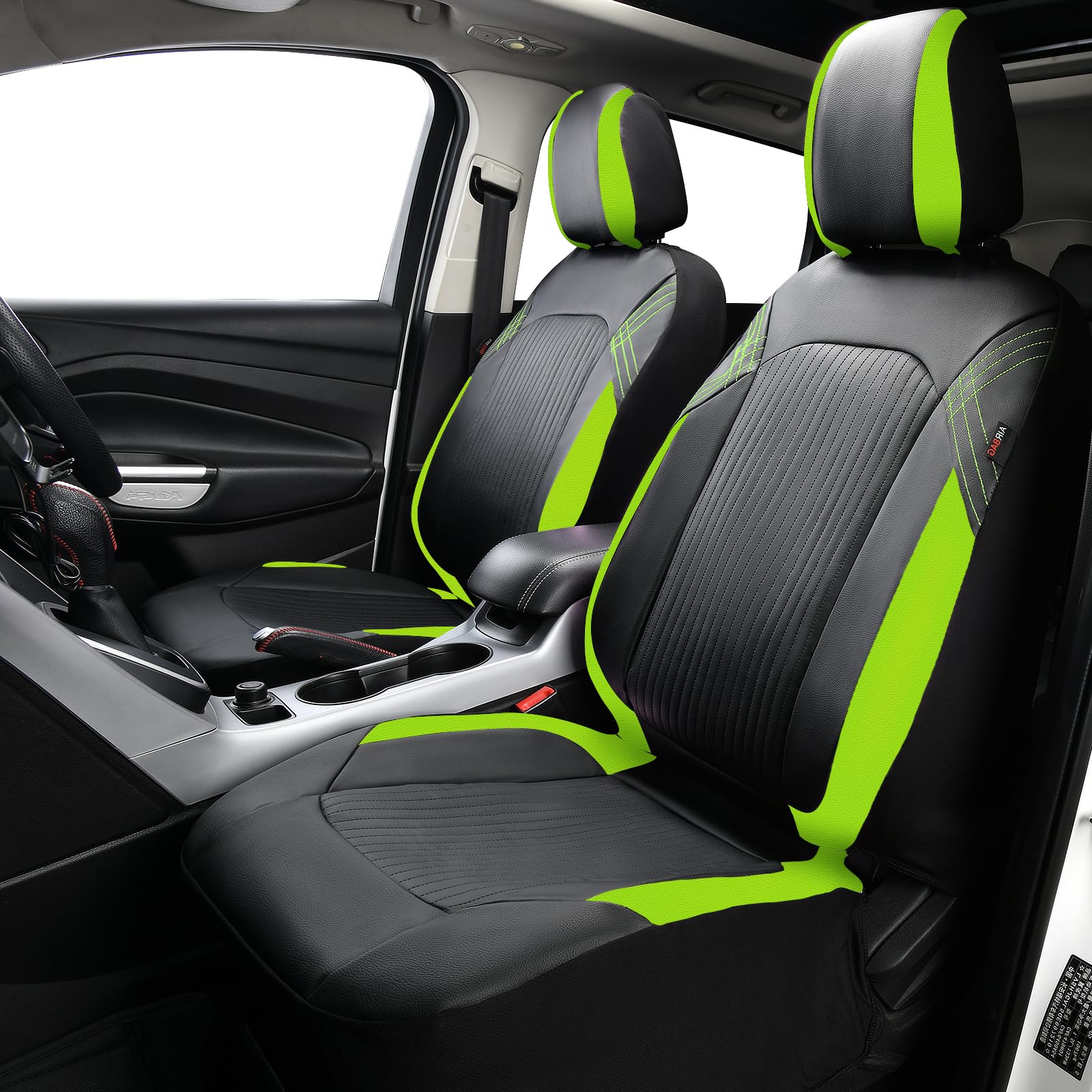 Flying Banner Synthetic Leather car seat Covers Full Set Front and Rear Bench Fashion Easy Installation Cup Holder Free (Black & Green, Low Bucket - Full Set)