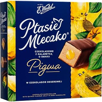 E. Wedel, Limited Edition Ptasie Mleczko Candy Box, Polish Birds Milk, Quince Jelly Flavor Chocolate Marshmallow in Dark Chocolate, Czekoladowe Z Galaretka o Smaku, Piwga w Czekoladzie Deserowej, 340g/12oz