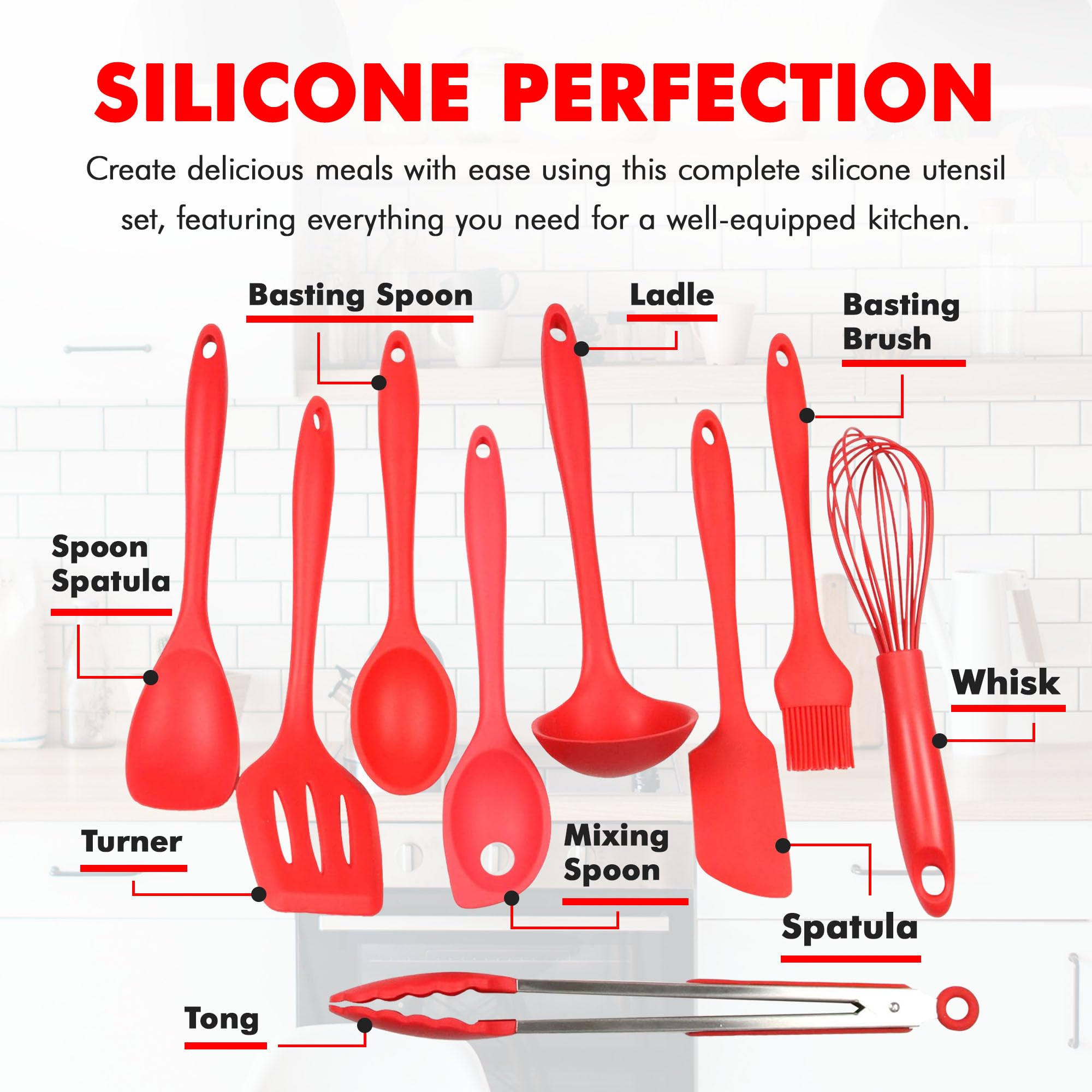 Chef Craft Juego de utensilios y utensilios de cocina de silicona premium, 9 piezas, color rojo