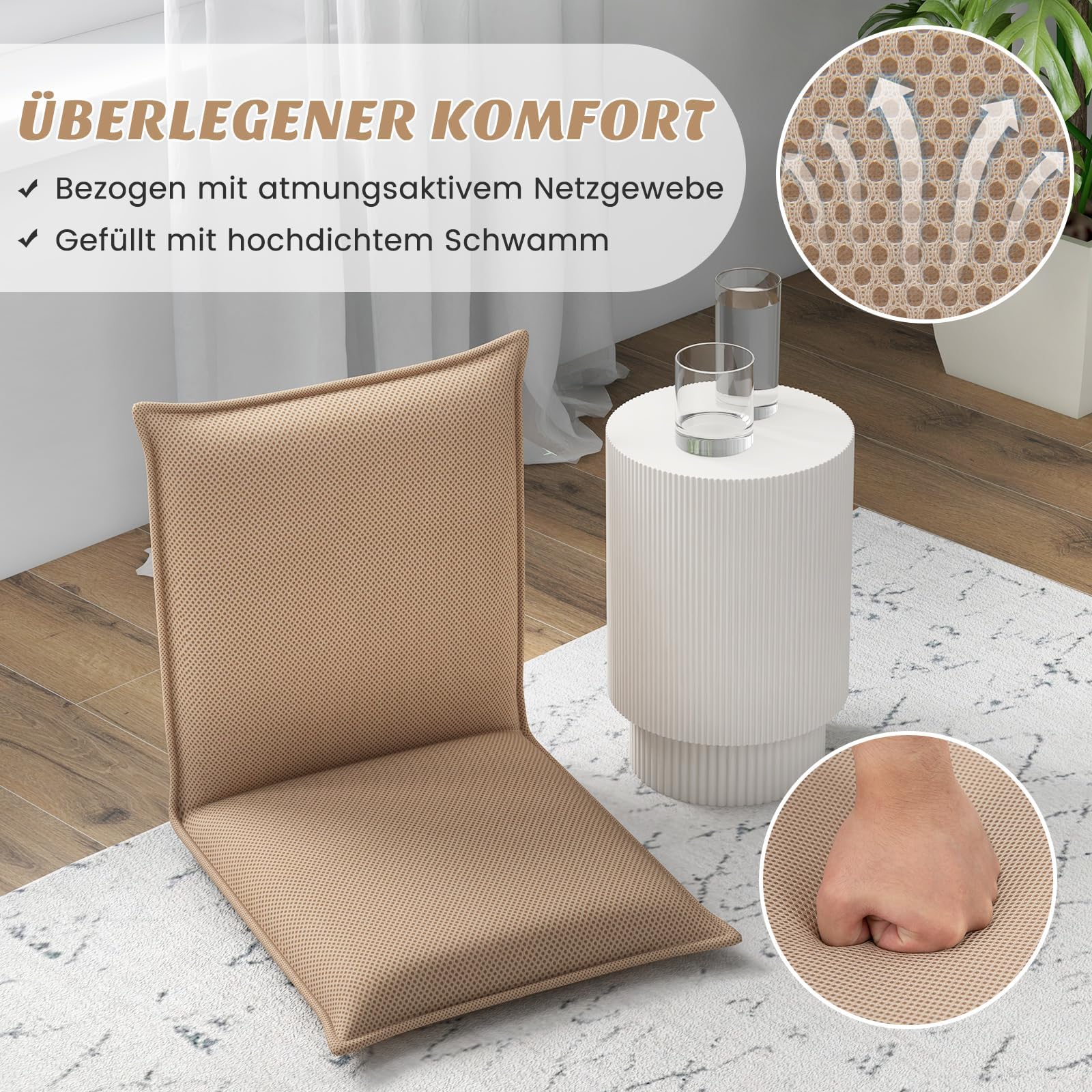 FANTASK Krzesło podłogowe, fotel podłogowy, z 6-stopniową regulacją oparcia, fotel do gier, tapicerowany, sofa podłogowa, krzesło do medytacji, krzesło okienne, krzesło do medytacji (beżowe)