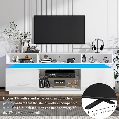 Miniatura 8 de Soporte de TV LED para TV de 80 pulgadas, moderno centro de entretenimiento alto con tomas de corriente, soporte de TV de alto brillo, consola