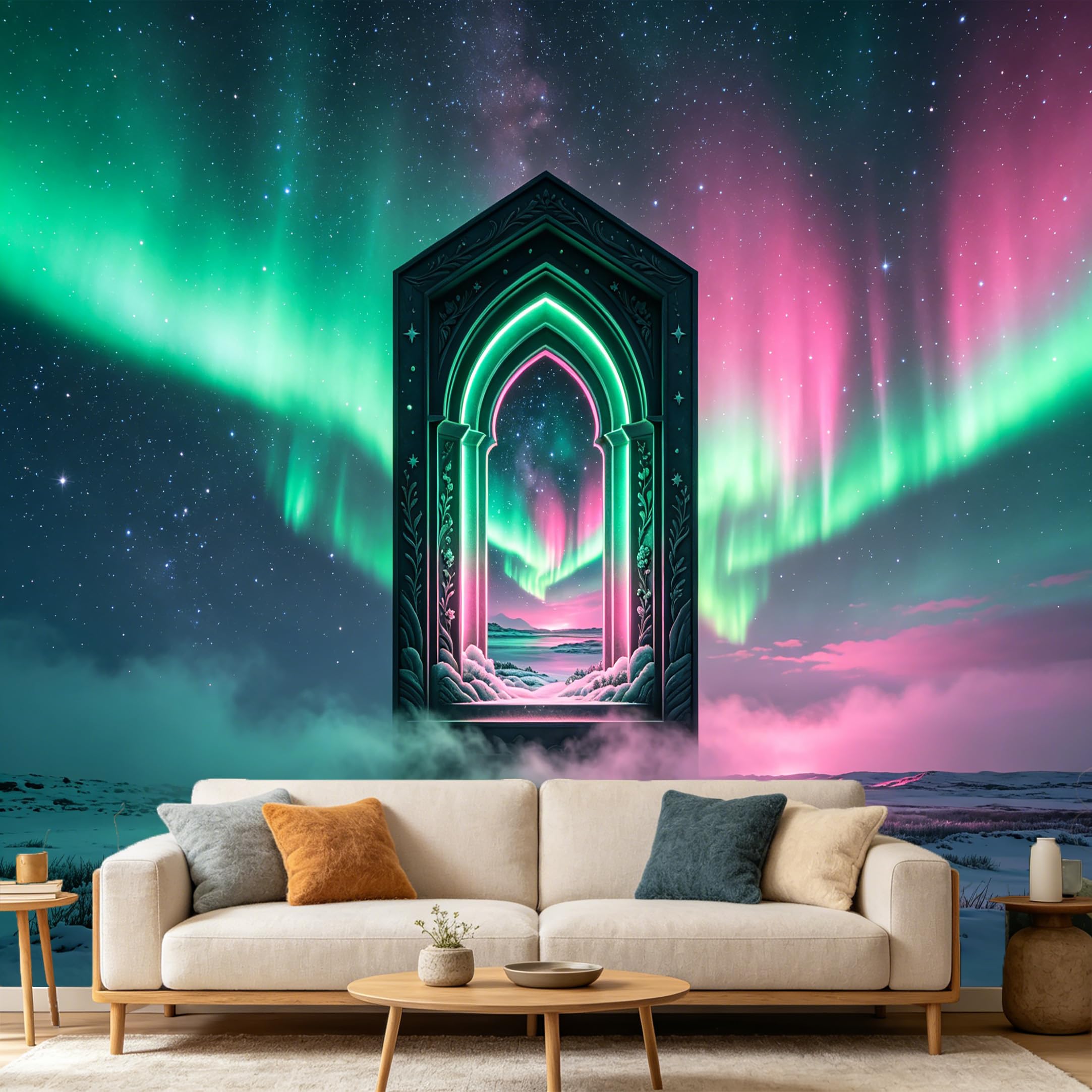 Custom Size Wall Mural， Aurora Borealis Northern Lights Galactic Archway Portal， SelfAdhesive Art Prints wall Fabric Removable Large Wallpaper Home Living Room Decor