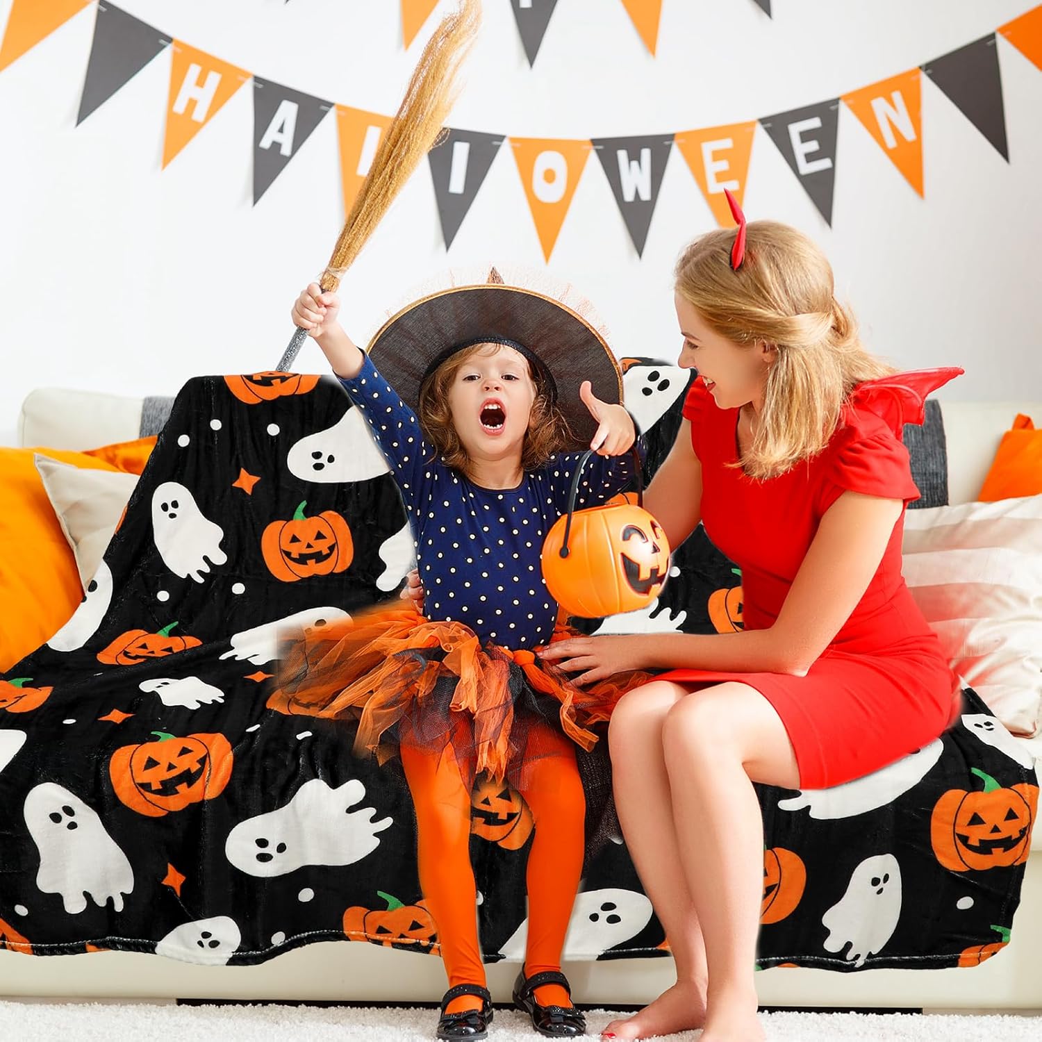 JarThenaAMCS Halloween Throw Blanket Ghost Pumpkin Throw Blanket Black White Orange Soft Plush Blanket for Halloween Home Bed Sofa Couch Chair, 50 x 60 Inch - Image 4