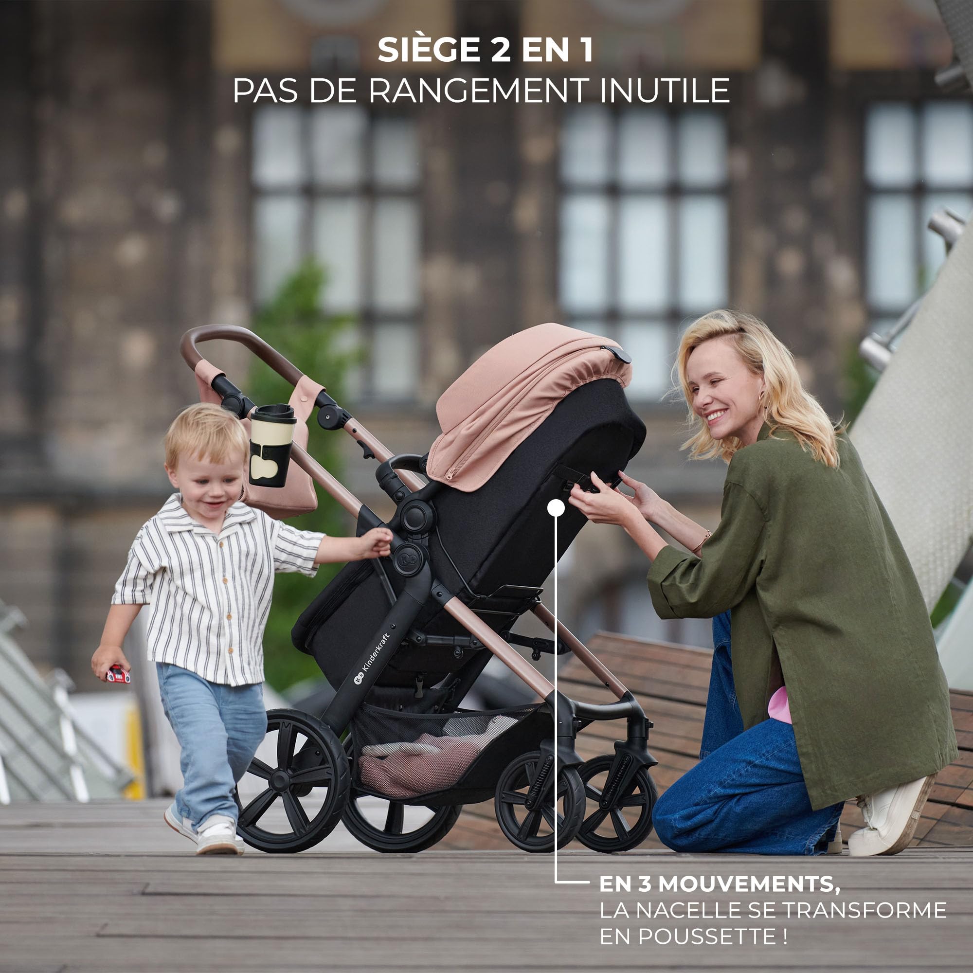 Kinderkraft MOOV 2 Poussette 3 en 1 Travel System avec nacelle 2-en-1 siège auto i-Size Gris