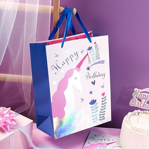Miniatura 5 de WRAPAHOLIC Bolsa de regalo de cumpleaños grande de 13 pulgadas con tarjeta y papel de seda, adorable unicornio con lámina plateada holográfica