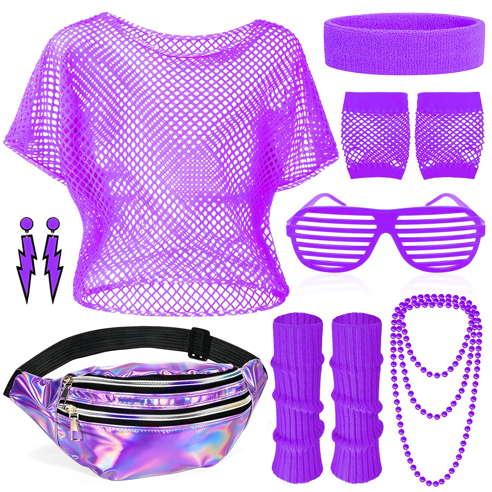 80s Fancy Dress for Women Neon Pink Outfit Set - 1980s Mesh Top Holographic Bum Bag Leg Warmers Fishnet Gloves Glasses Jewellery Ladies Retro Disco Hen Party Festival Costume Accessories (Purple)