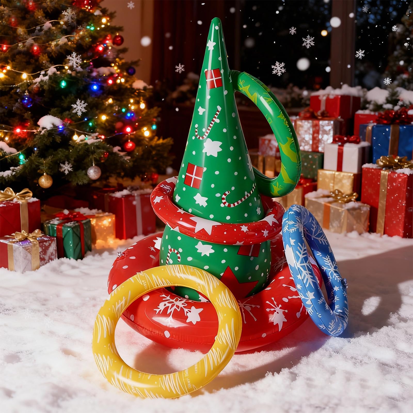 Christmas Party Ring Toss Game Set, Christmas Inflatable Snowflake Hat with 6 Rings, Xmas Toss Game Props - Image 4