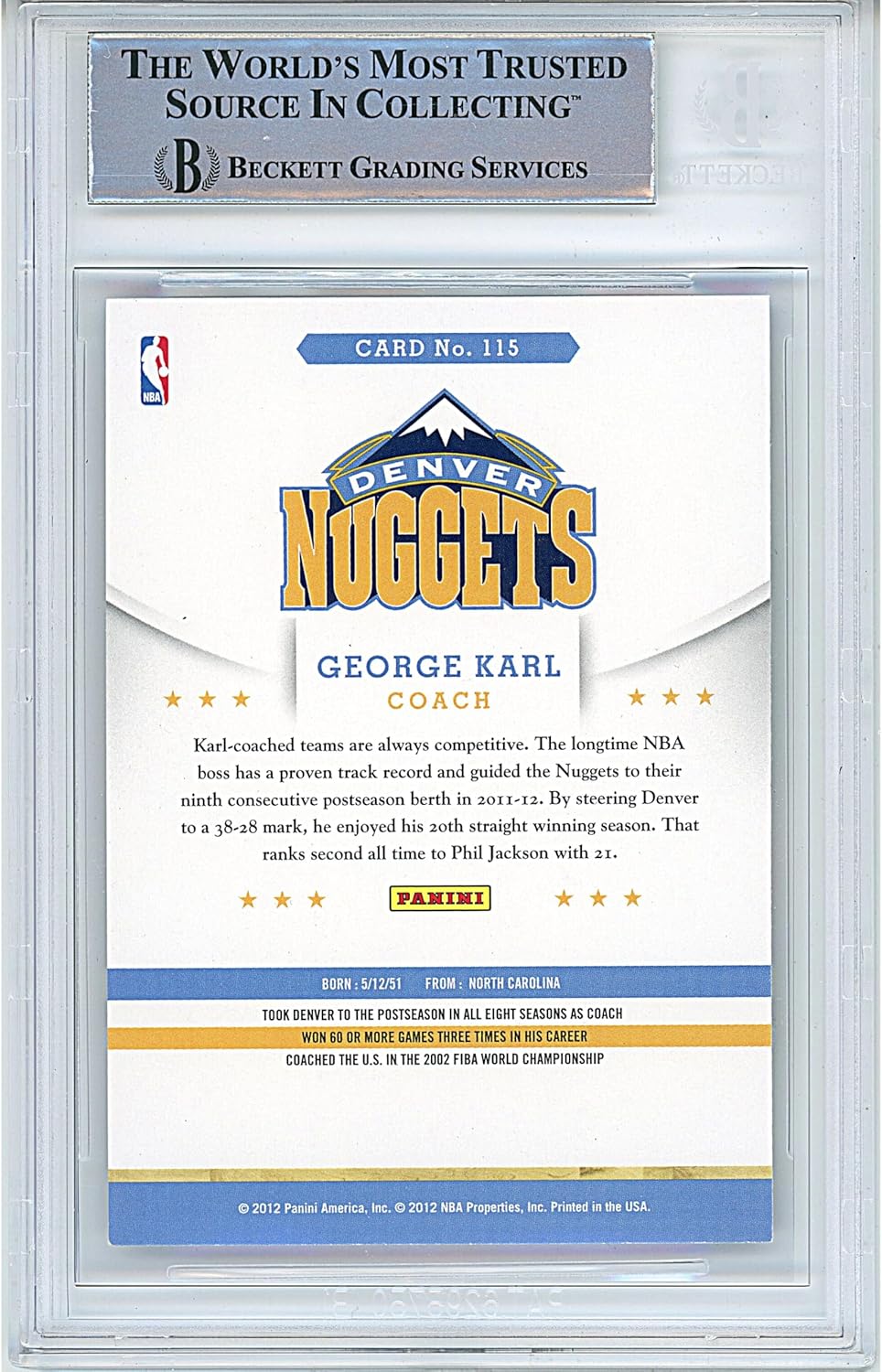 George Karl Autographed 2012 13 Hoops #115 Basketball Trading Card Slab Beckett BAS Authentic Slabbed COA Played For Denver Nuggets NBA