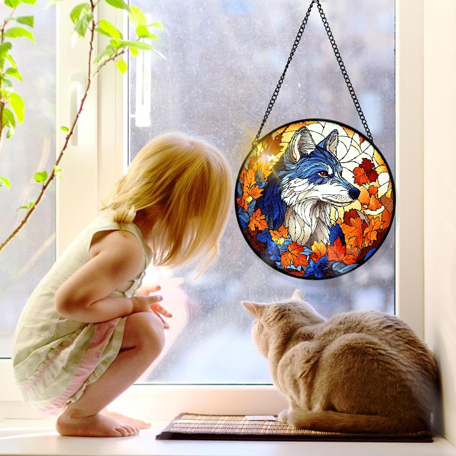 Bimkole Wolf Stained Glass Suncatcher Window Hanging, Animals Design for Indoor Window or Doorway Decoration - Image 4