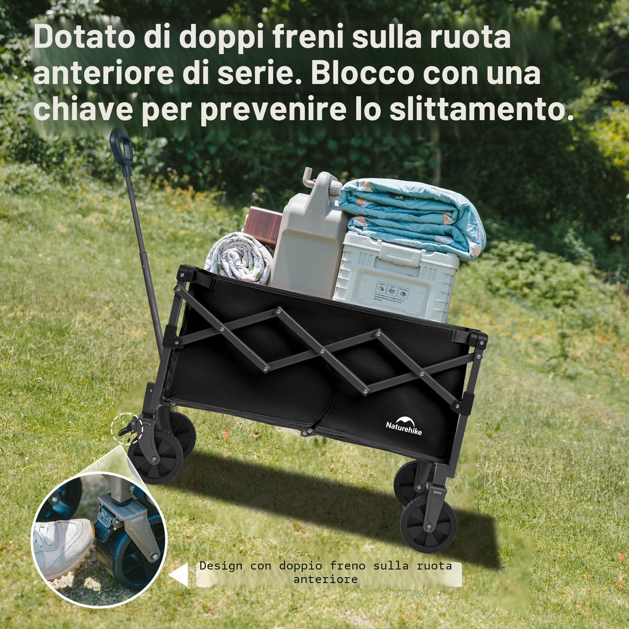 Naturehike Carrello da giardino pieghevole, carrello porta attrezzi da spiaggia adatto a tutti i terreni, con pneumatici larghi girevoli a 360 gradi, portata 120 kg, adatto per campeggio, parco picnic