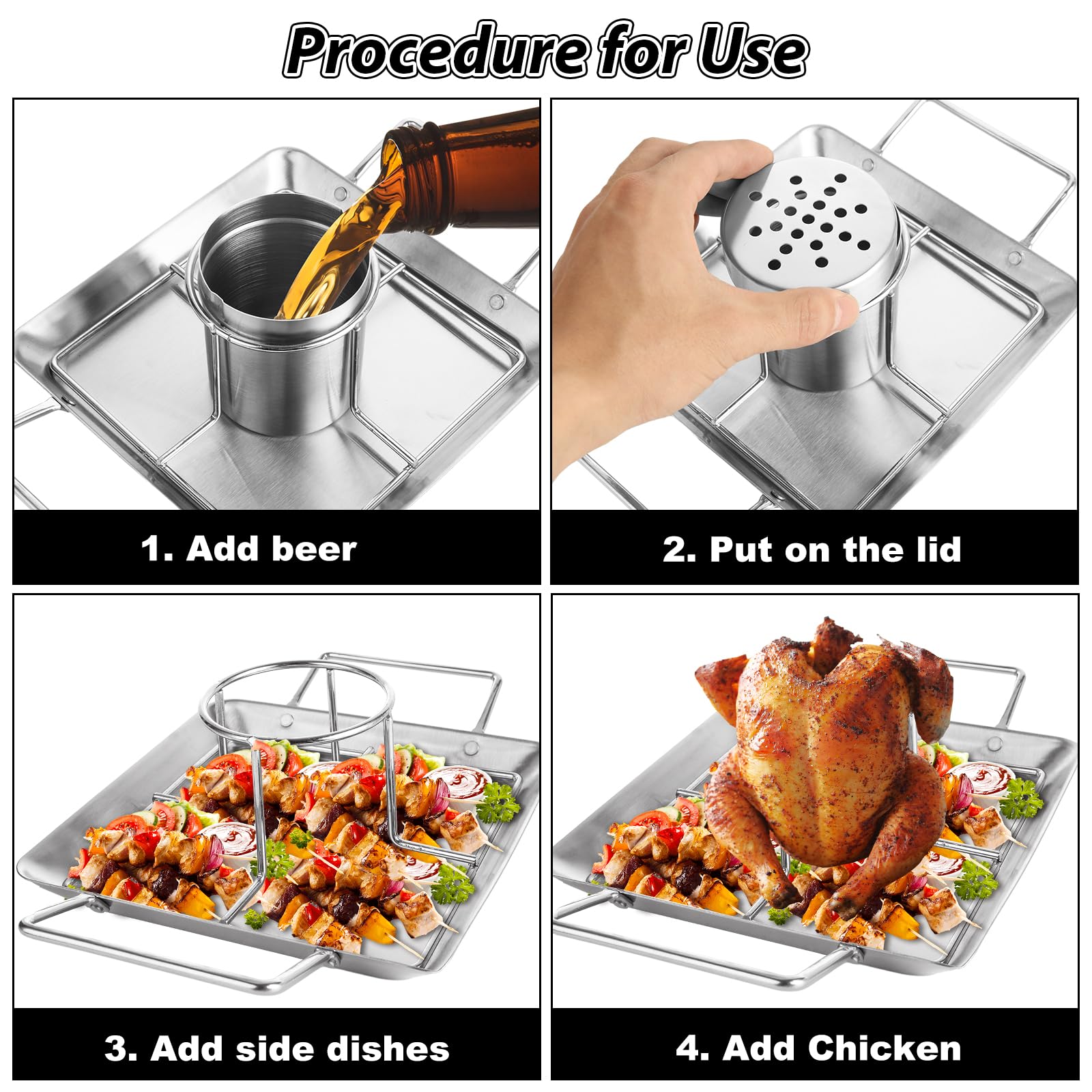Paquete de 2 soportes para latas de cerveza, de acero inoxidable, bandeja de goteo vertical resistente para asar pollos para parrilla horno barbacoa (2 sartenes + 2 estantes)
