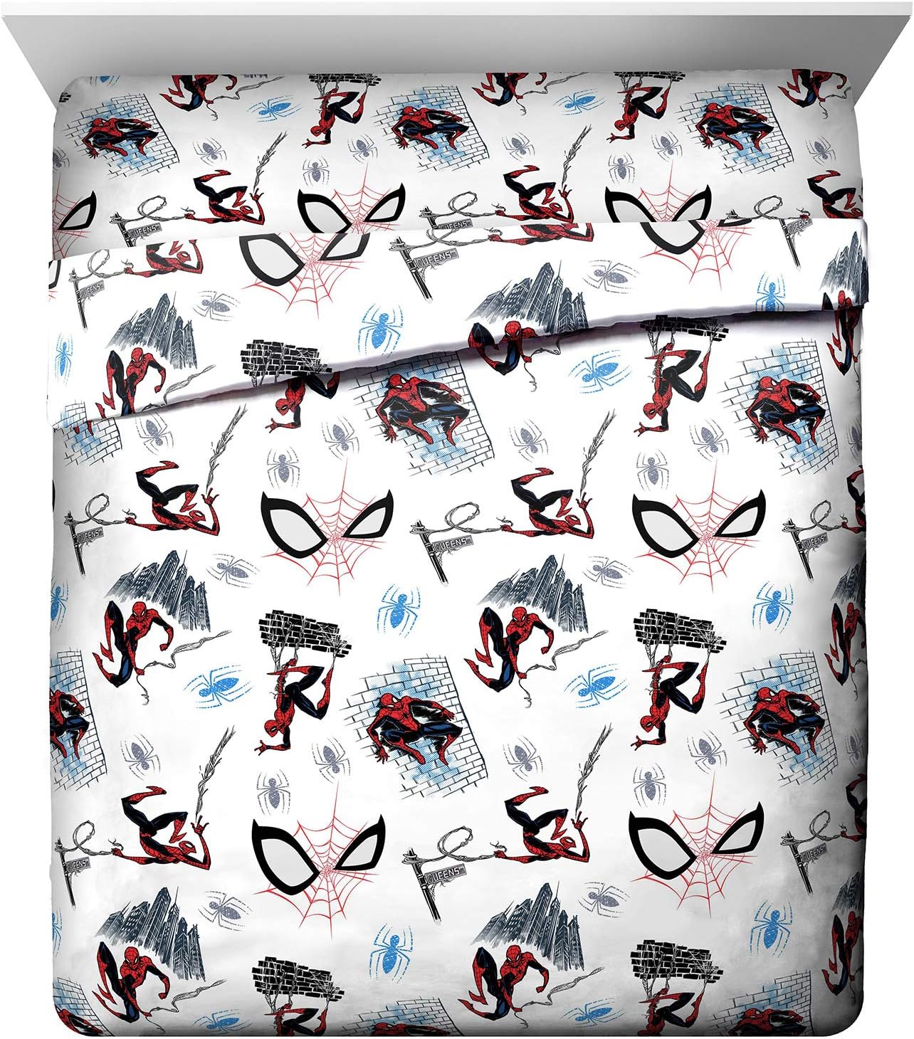 Jay Franco Kids Sheet Set with Fitted, Flat Sheets & Pillow Cover - Ultra-Soft Bedding with Pillowcase for Room Decor, White - Spiderman, 4 Piece Queen