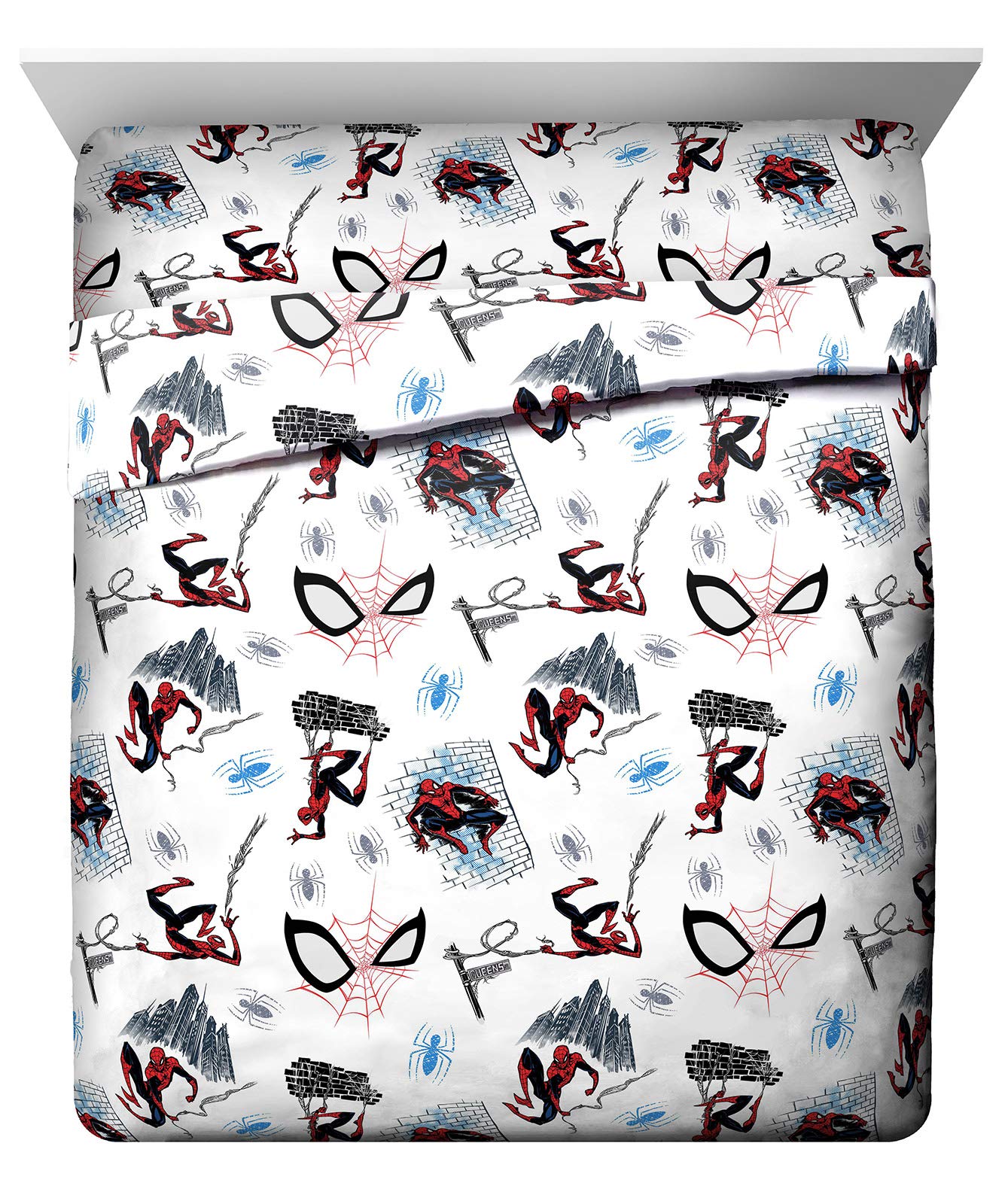 Jay Franco Kids Sheet Set with Fitted, Flat Sheets & Pillow Cover - Ultra-Soft Bedding with Pillowcase for Room Decor, White - Spiderman, 4 Piece Queen