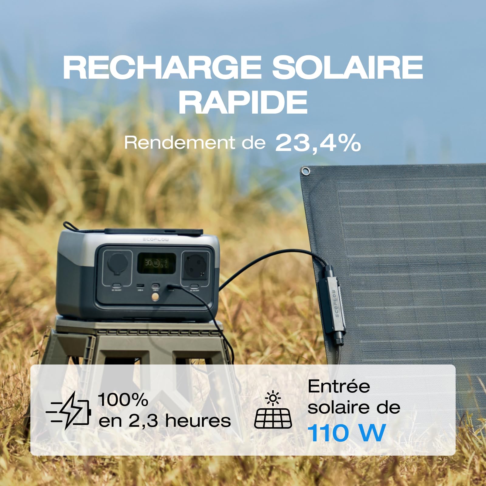 Station électrique portable EF ECOFLOW RIVER 2, batterie LiFeP04, 256 Wh/charge rapide en 1 heure, sortie 600 W max, générateur solaire pour camping extérieur/camping-cars | Charge rapide en 1 heure, Batterie nomade sortie 600 W max, générateur électrique
