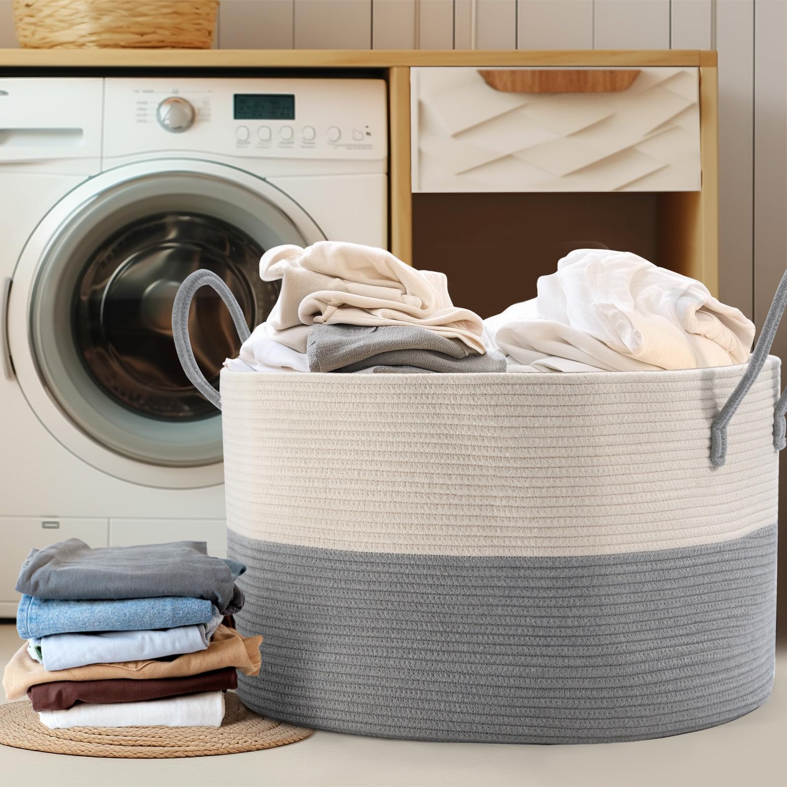 noonkty Cesto extra large, 55 cm di profondità x 35 cm di altezza, cesto in corda di cotone con manici, contenitore XXL per coperte per soggiorno, cestino decorativo per giocattoli, cesti per la
