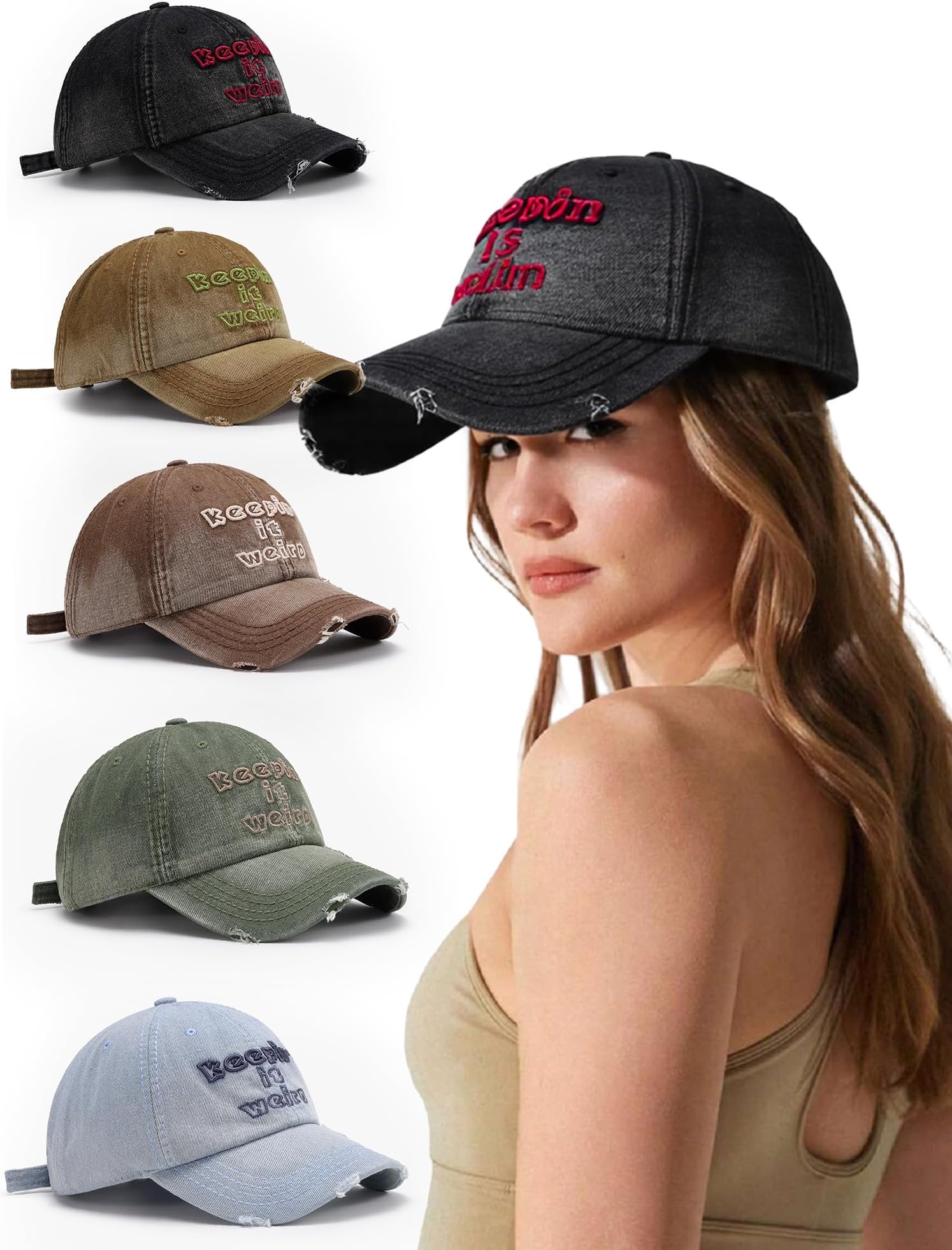 Unisex Sun Hats Adjustable Baseball Cap Embroidered Visor Cap Trucker Hats with Distressed Design for Casual Wear (Black)