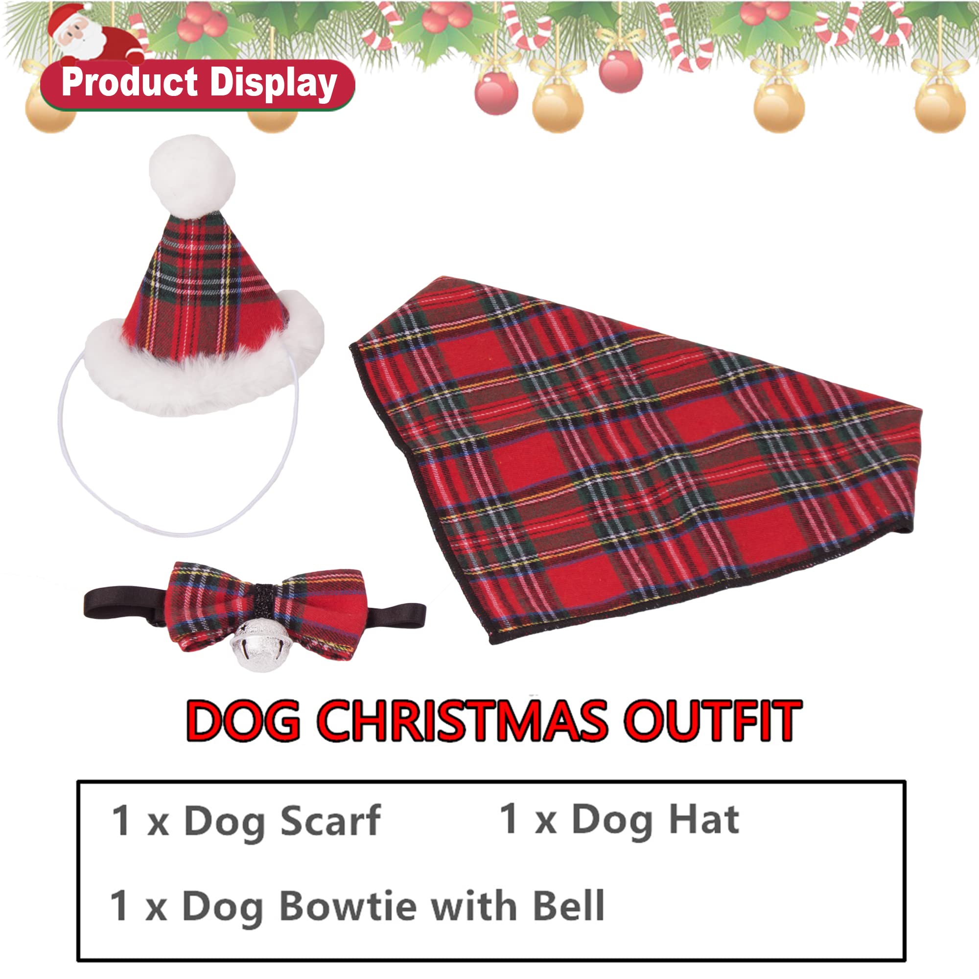 ADOGGYGO Świąteczna bandana dla psa, czapka, muszka, stylowa czerwona krata, czapka bożonarodzeniowa, szalik, kostium, strój dla średnich i dużych psów, zwierząt domowych (rozmiar L)