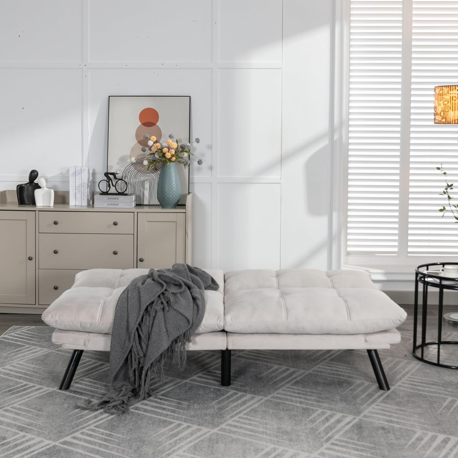 Velvet Futon Convertible Folding Modern Sofa Bed Couch and Loveseat Sets with Adjustable Backrest Living Room Bedroom Office Apartment (Cream)