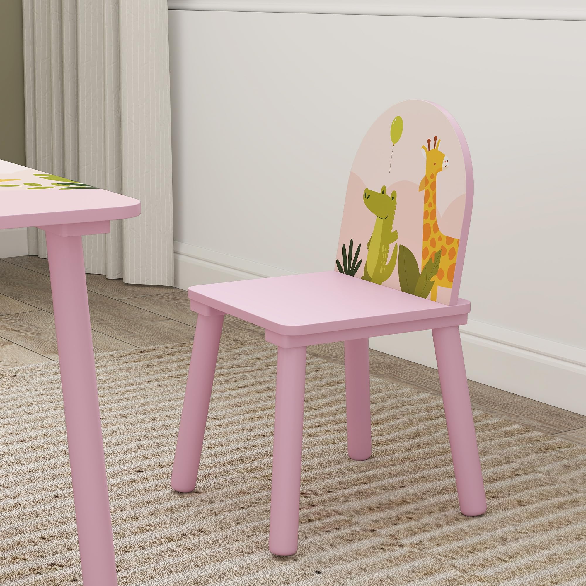 AIYAPLAY Set Tavolo e Sedie per Bambini 3-8 Anni Motivi Animali Rosa | Bordi Arrotondati, Sedie e Tavolino per Bambini, in MDF e Legno di Pino