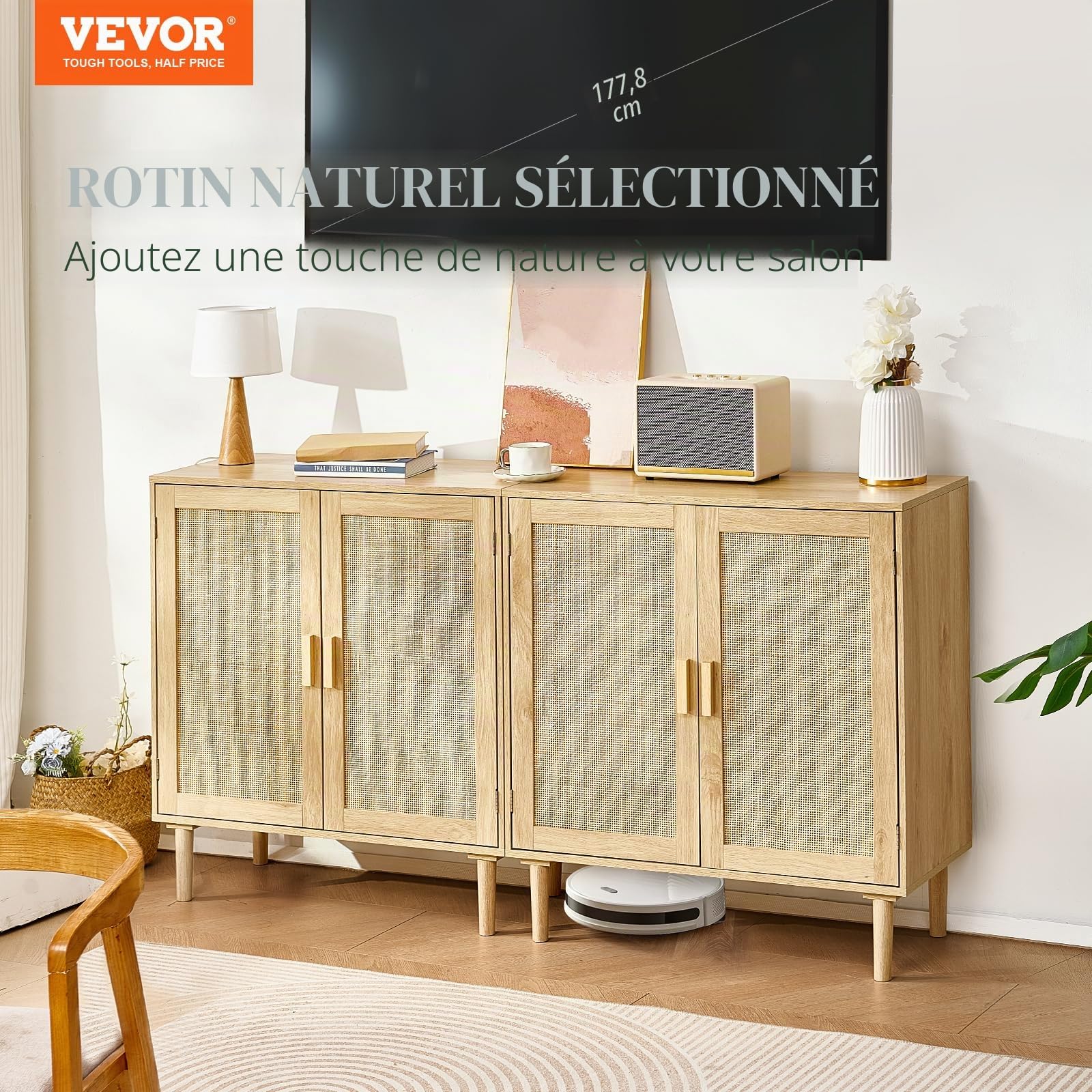 VEVOR Armoire en rotin, Lot de 2, Armoire de Rangement en rotin avec 4 Portes magnétiques et étagères réglables, Commode en rotin Polyvalente, Buffet pour Couloir, entrée, Naturel, 160 x 37,5 x 88 cm