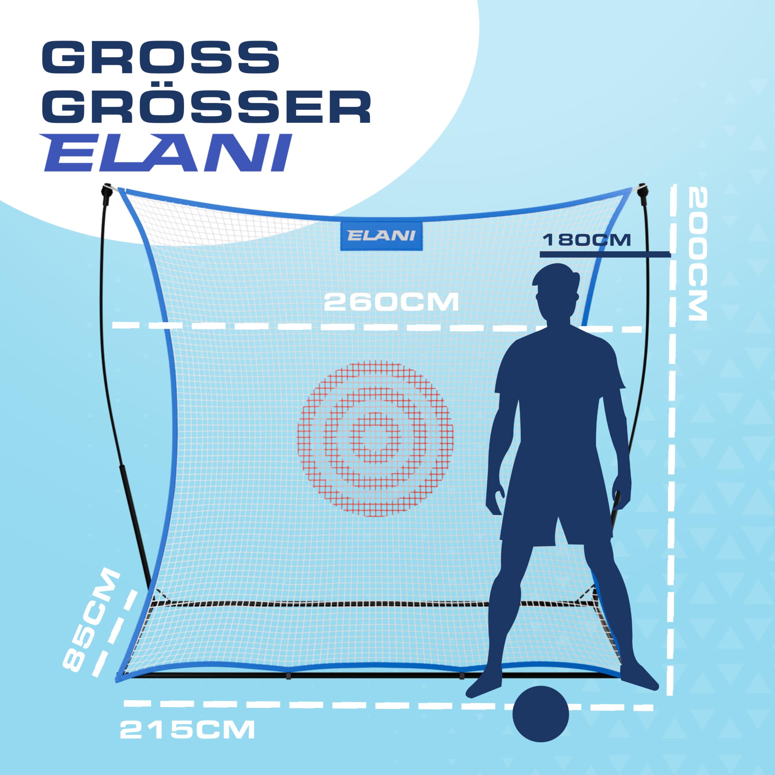 ELANI - Rebounder 2x2m - extra groß mit Zielring & 8 Heringen für sicheren Stand - Fussball Rebounder mit stabilem Rahmen - Fußball-rebounder, Handball Tor, Bouncer Fussball, Ball Trampolin