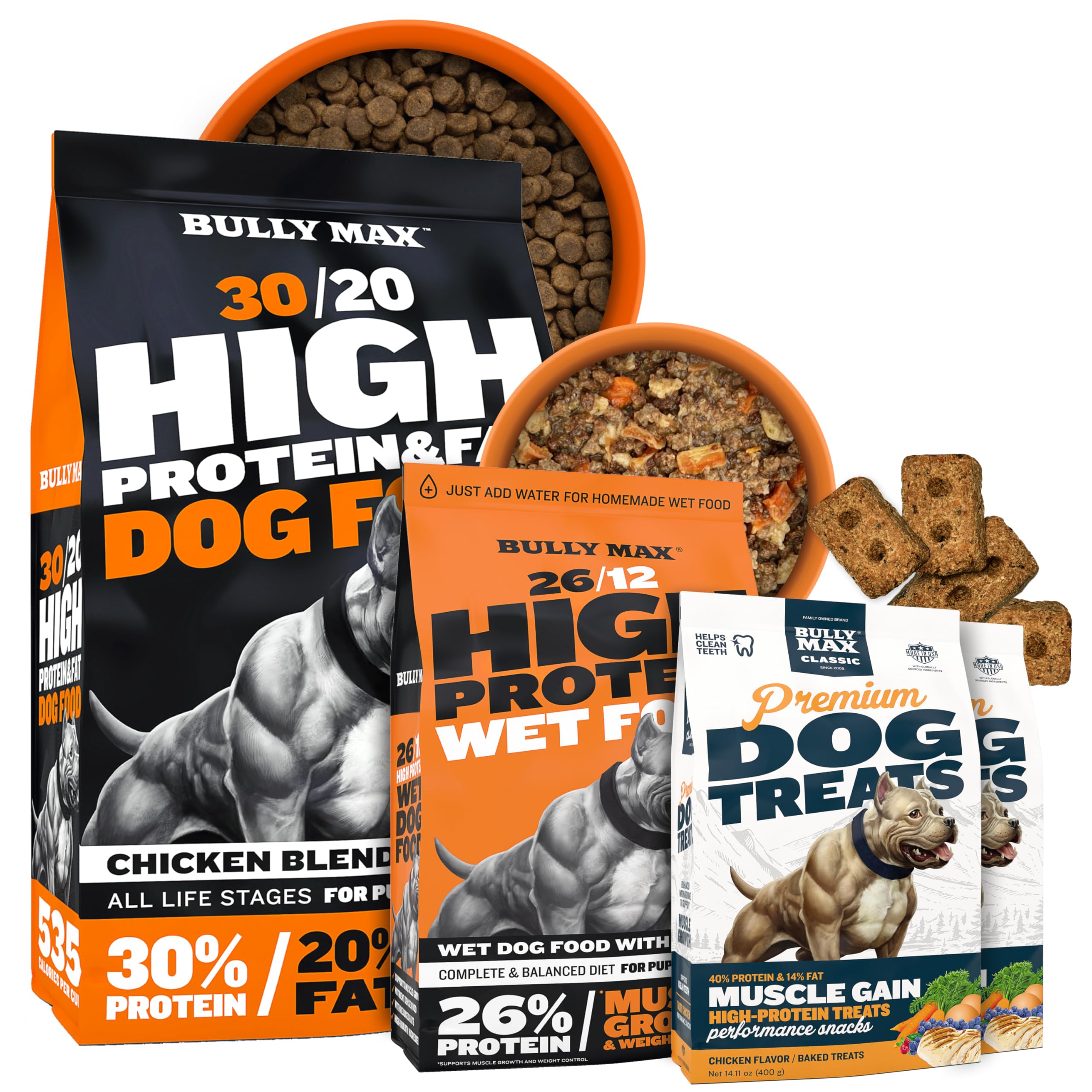 Bully MaxPremium Dog Food Bundle High Protein Dry Food (5lb), Dehydrated Food (2lb, Makes 5.5lb Wet) + Protein-Rich Training Treats for Muscle & Energy All Breeds & Ages