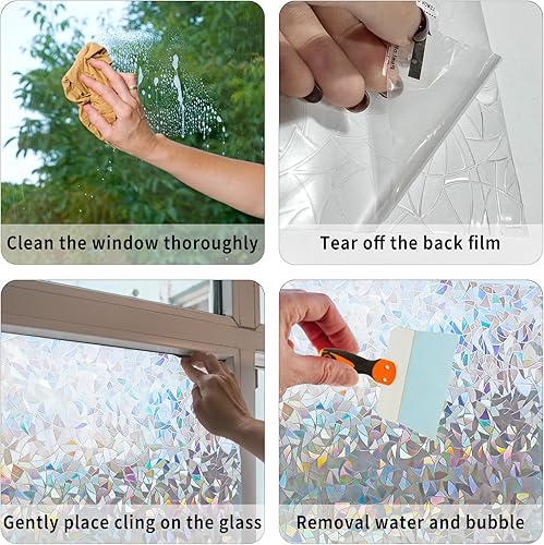 Miniatura 6 de LEMON CLOUD Película decorativa 3D de privacidad para ventana y calcomanías de vitral, holográfica, sin pegamento, esmerilado, anti-UV (media luna
