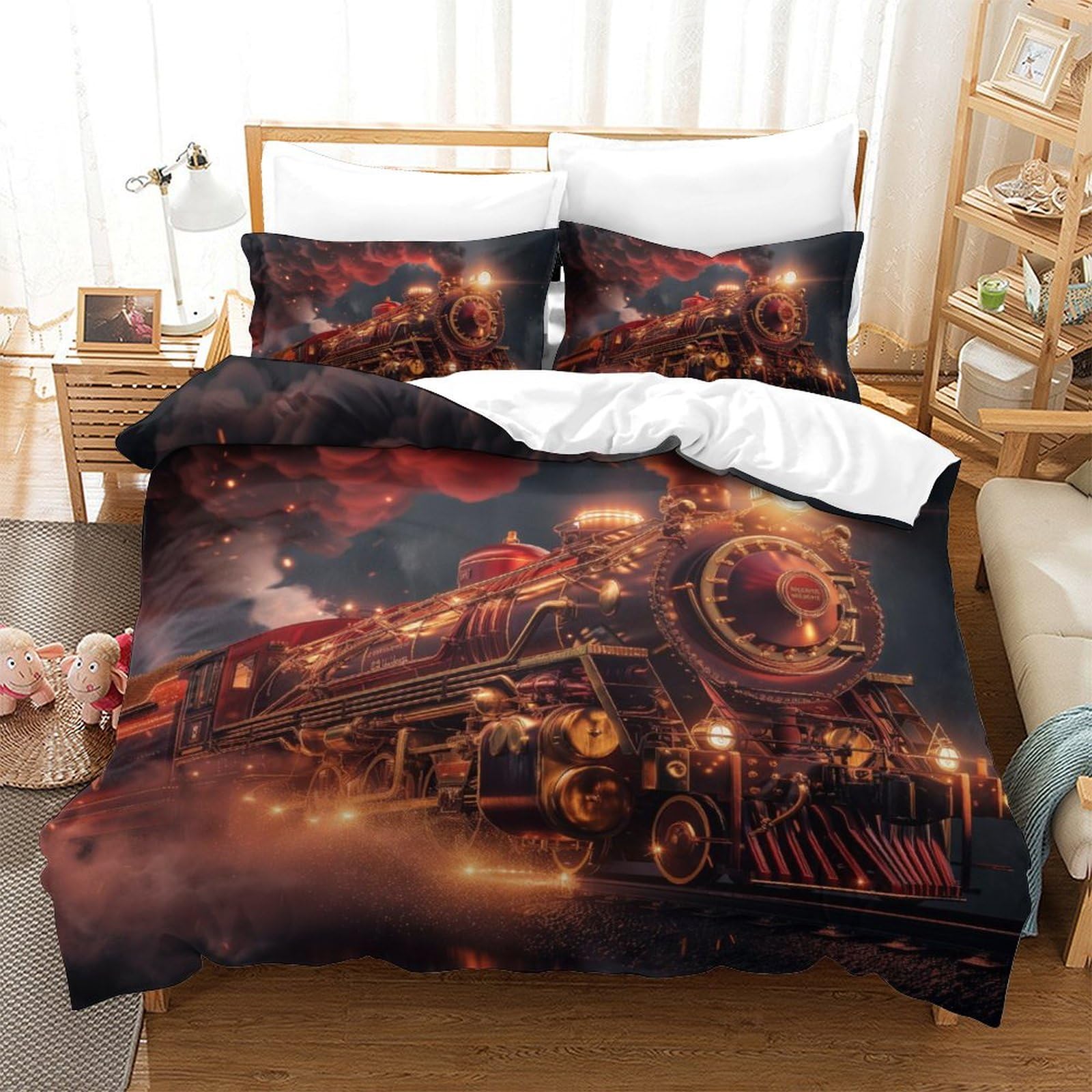Housse de couette train à vapeur 3D microfbre King 220x240cm avec ses deux taies d'oreiller