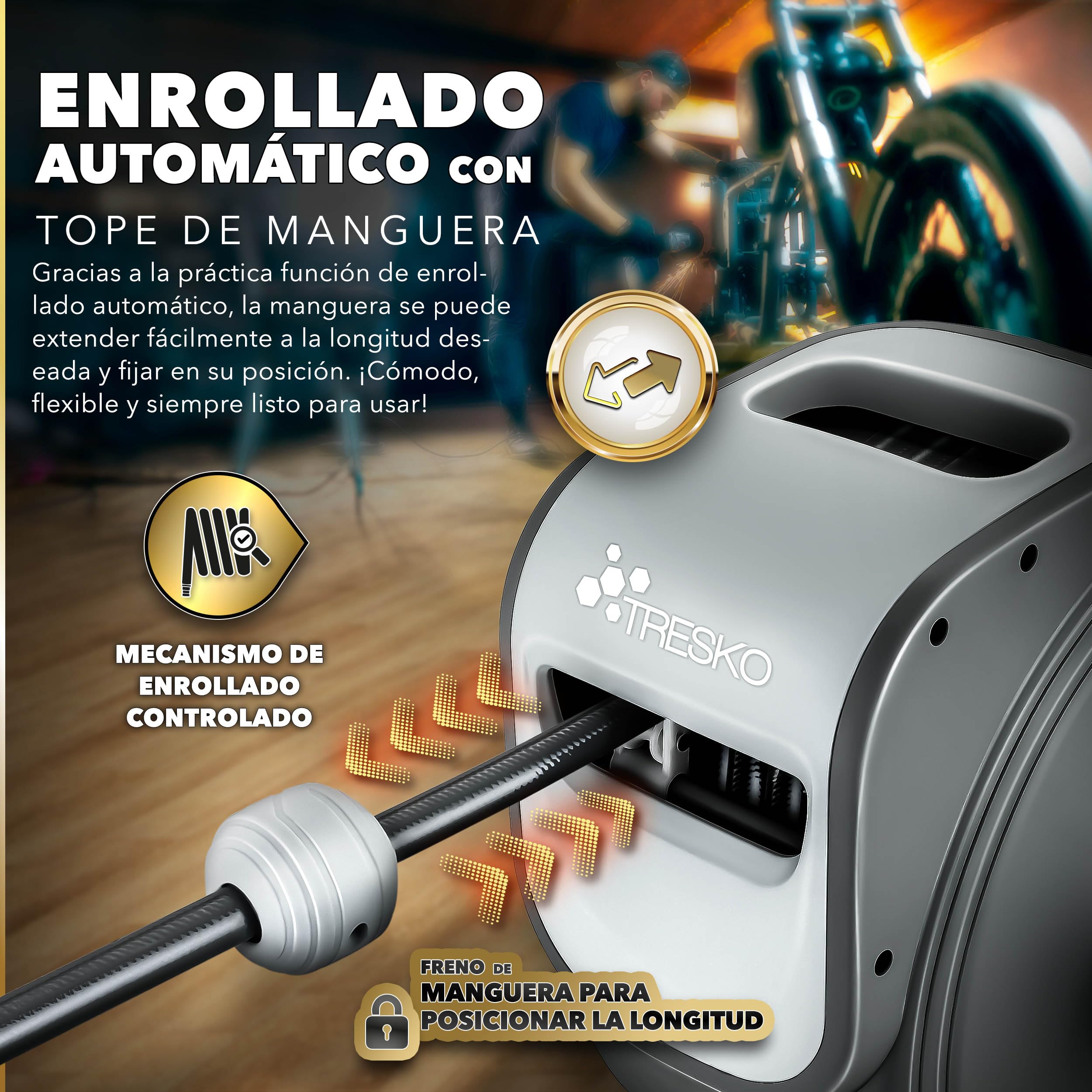 TRESKO® Carrete de Manguera de Aire Comprimido de 30 m | Conector de 1/4" | Enrollador de Manguera Automático | con Soporte para Pared | Rotación de 180° | Tope Final Ajustable, Gris