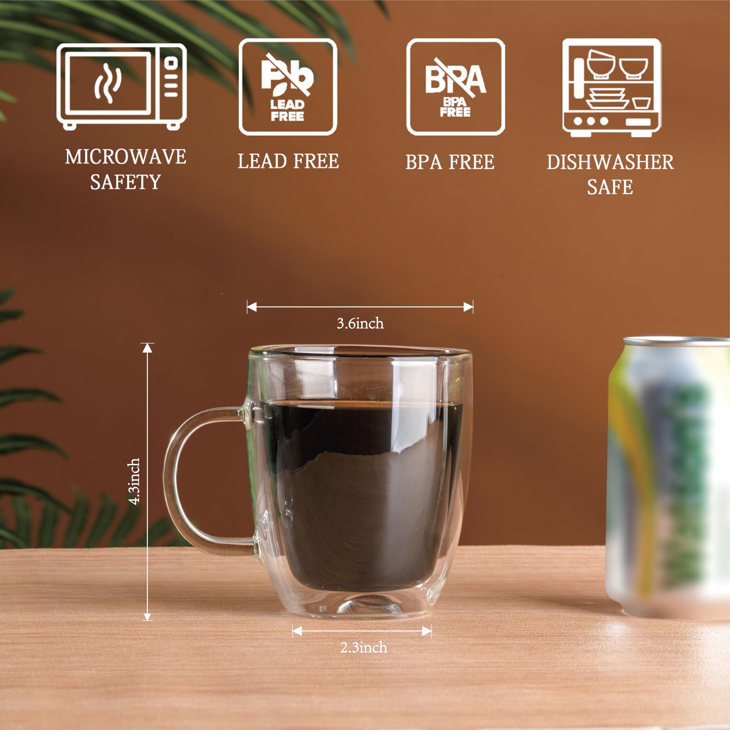 Wlasss Double Wall Insulated Glass Coffee Mugs set of 4-13.5 oz Clear Hand Blown Glass Coffee Cups with Handle for Cappuccino, Latte,Espresso,Tea Bags,Americano,Beverages, Coffee Lovers Gifts 1