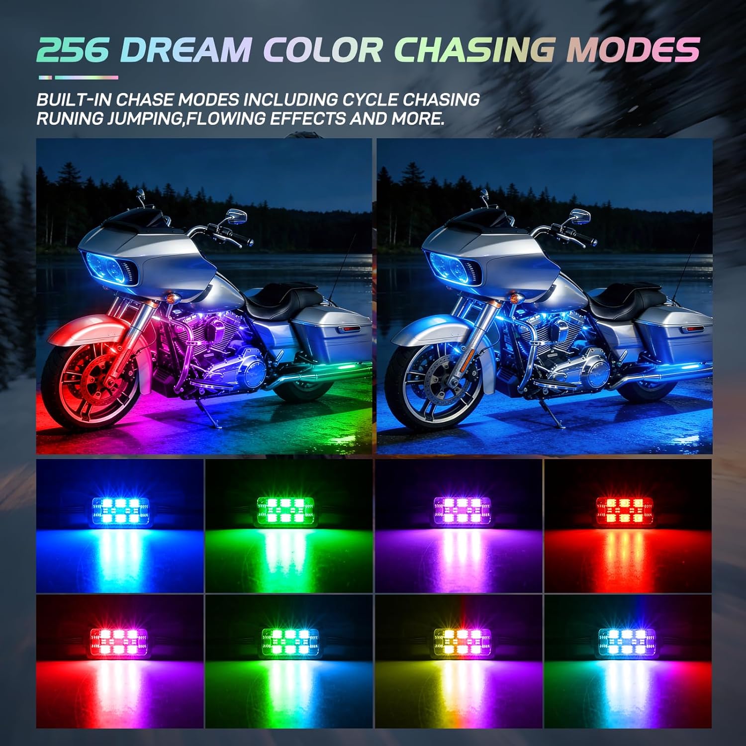 Nilight 8PCS Motorcycle Dream Color LED Strip Lights Kit Waterproof Multicolor Atmosphere Neon Accent Lights Pods Lamp APP and Remote Control Underbody Strips for Harley Davidson Honda Kawasaki Suzuki