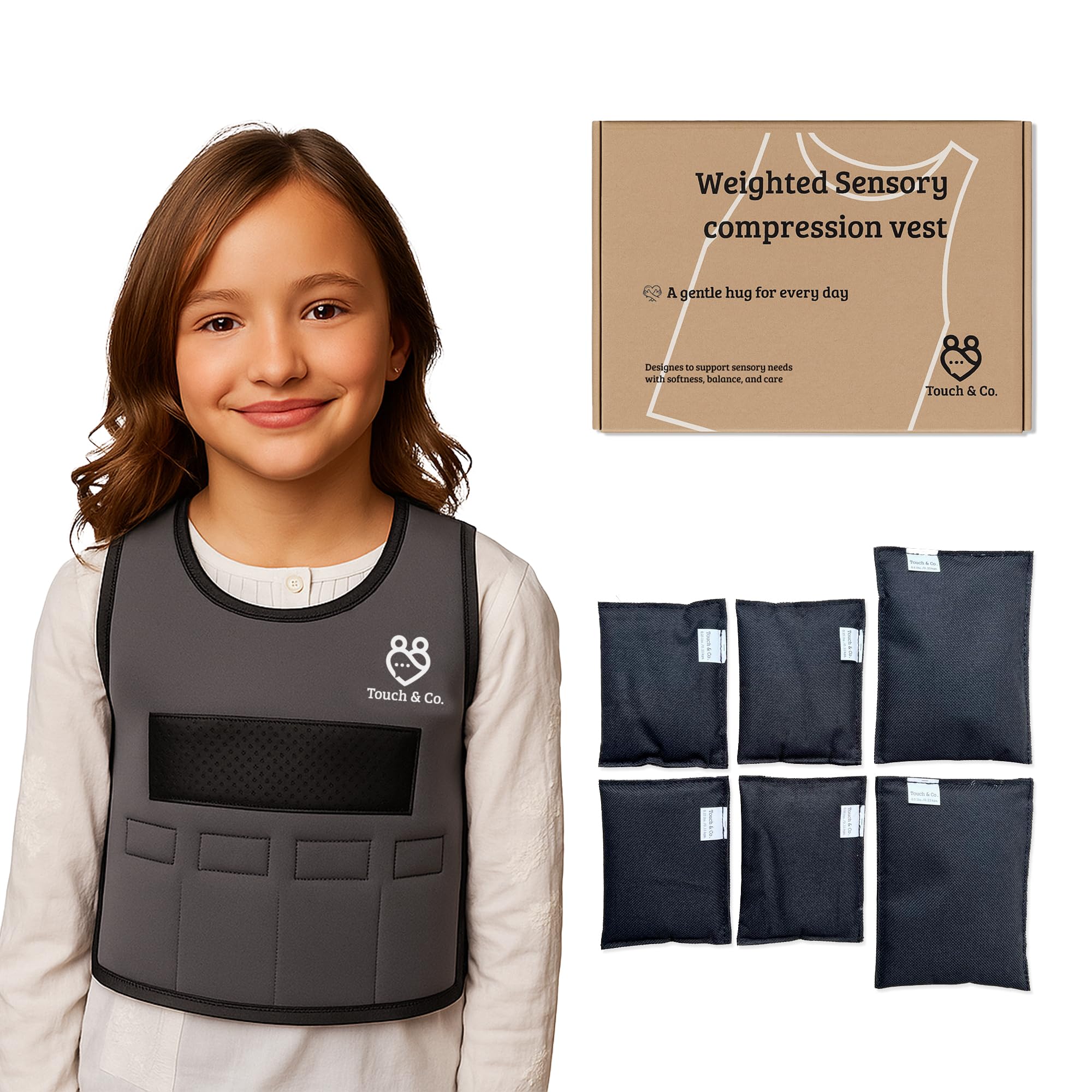 Touch & Co. Gewichtsweste für Kinder – voll verstellbare sensorische Kompressionsweste für Kinder – inklusive 0,9 kg abnehmbaren Gewichten – atmungsaktives, waschbares, geruchsfreies Neopren