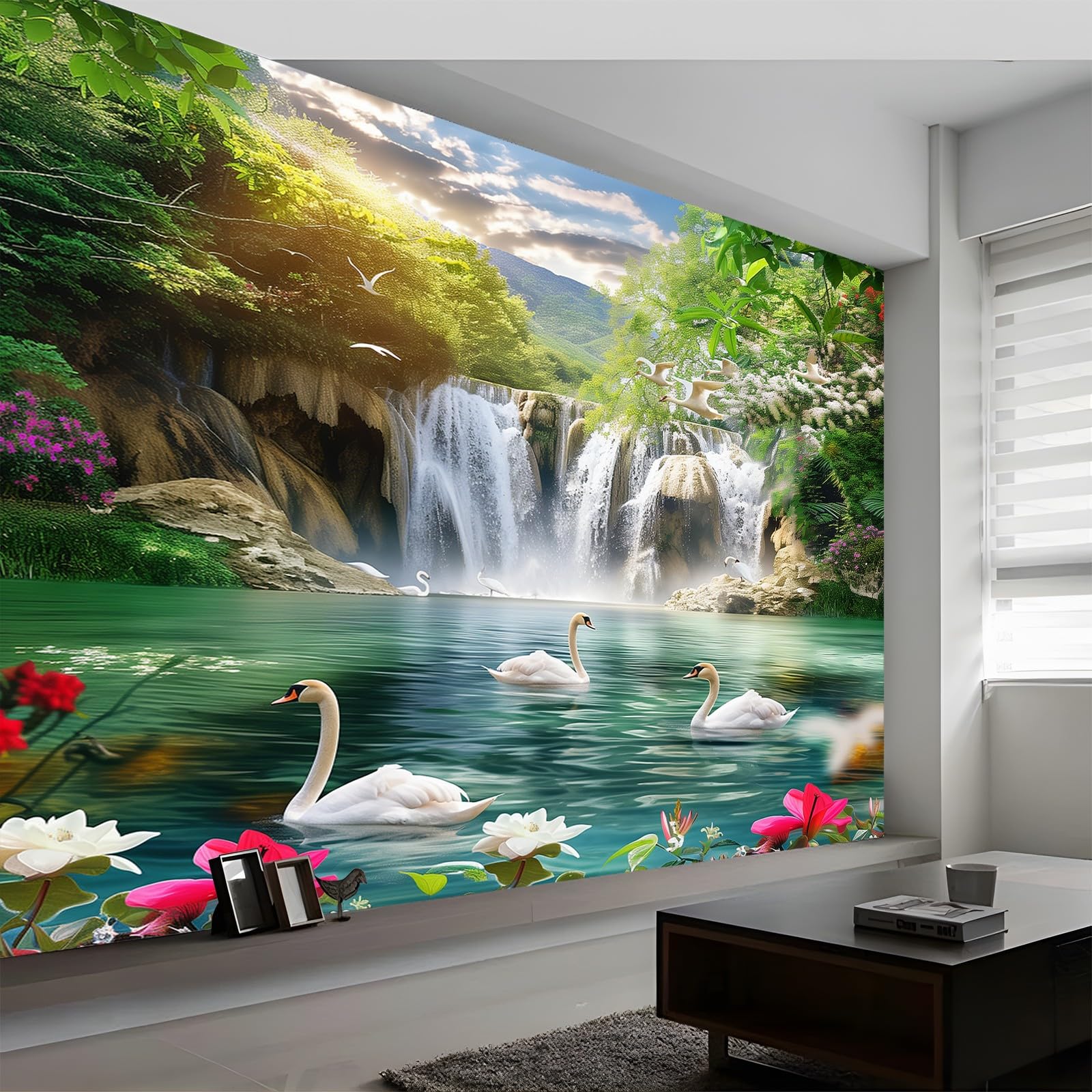 Fototapeta 350 x 256 cm, naturalna łabędzie, wodospady, efekt 3D, tapeta z włókniny, nowoczesna tapeta ścienna, do salonu, sypialni, pokoju dziecięcego, kolorowa, idealna do kuchni i różnych