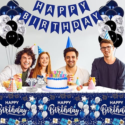Miniatura 5 de DUAIAI Decoraciones de feliz cumpleaños, 1 mantel de cumpleaños azul marino y plateado para niños, niñas, hombres y mujeres, funda rectangular