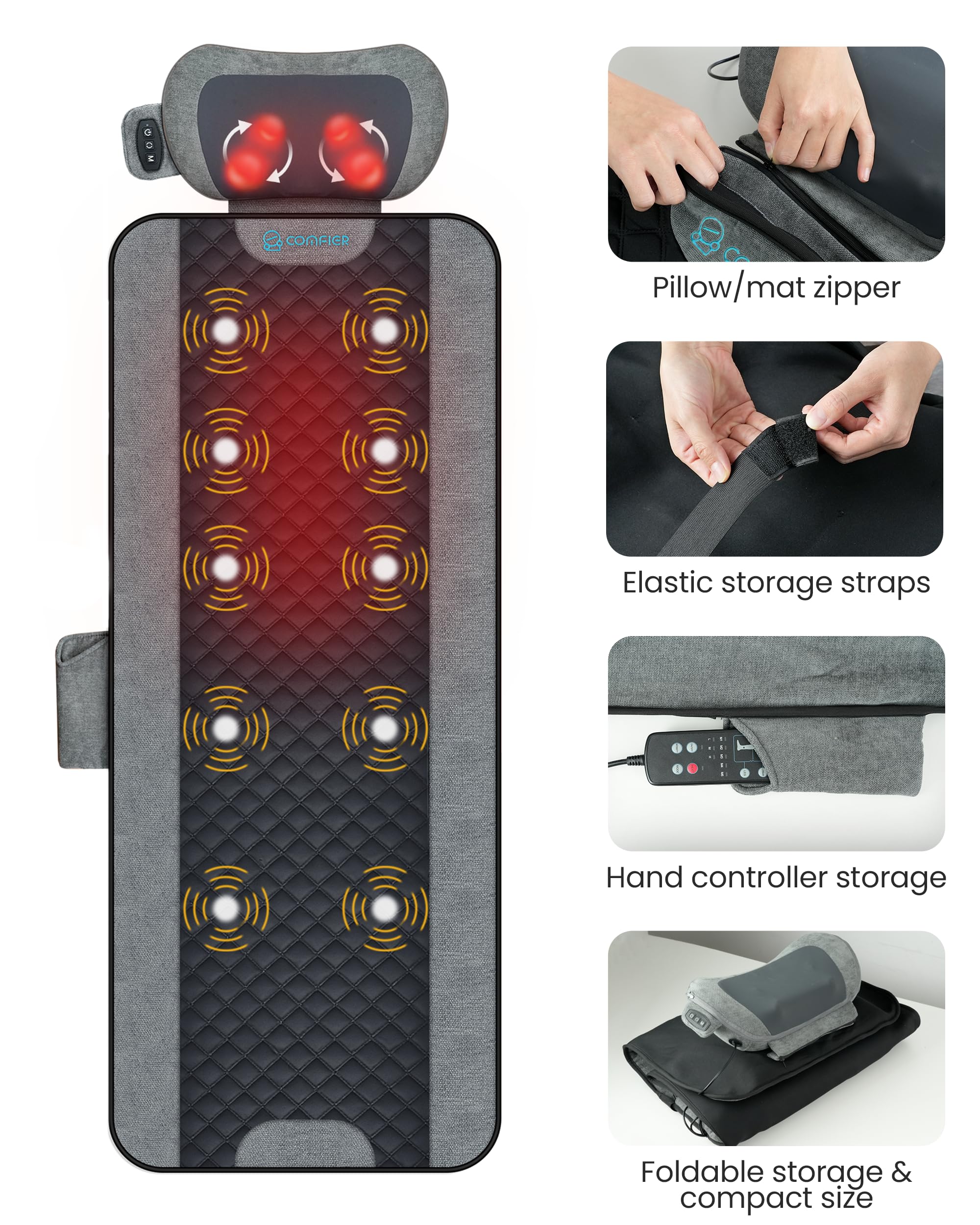 COMFIER Tappetino massaggiante per tutto il corpo con calore, cuscino massaggiante per la schiena con cuscino per il collo Shiatsu, 10 motori vibranti e 3 livelli di tappetino massaggiante riscaldante
