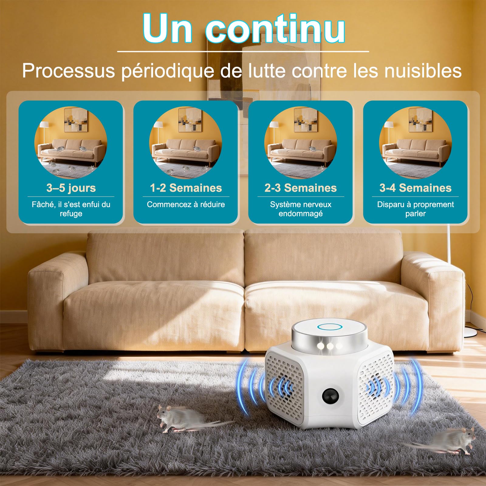 Ultrason Souris et Rats Puissant à Large Portée, 360° Répulsif Rat, Quatre Modes de Fonctionnement, Couvrant Une Surface de 100 Mètres Carrés Effets pour Rats, Souris, Campagnols et Loirs