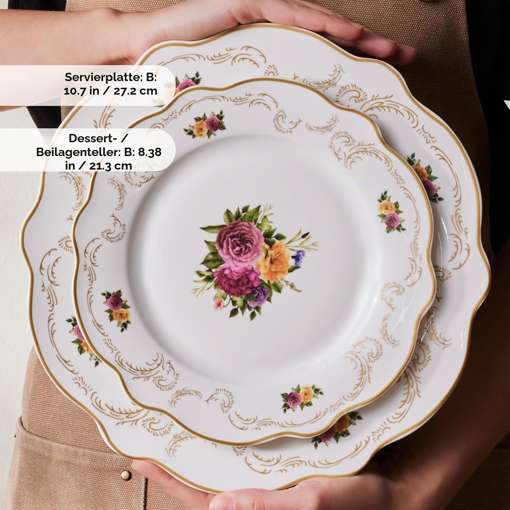 Karaca Antique - 24-teilig Geschirrset für 6 Personen, Porzellan Geschirr Set mit Servierteller, Dessertteller, Essteller, Suppenteller, Tafelservice Teller Set - Weiß & Blumen