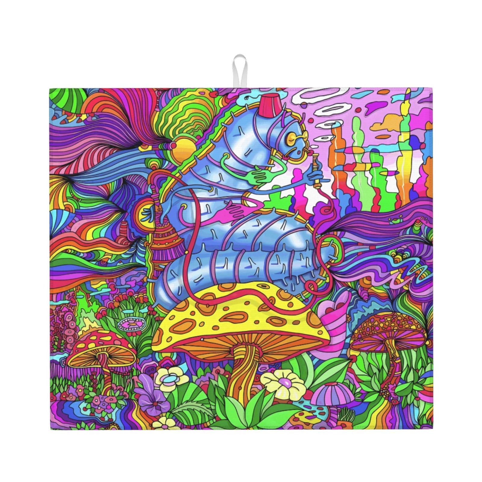 HJFCZH Smoke Mushrooms Prints Kitchen Drying Mat - Absorbent Dish Drying Throw with Vibrant Prints, Quick-Dry Countertop Layer for Dishes & Appliances - Non-Slip & Foldable