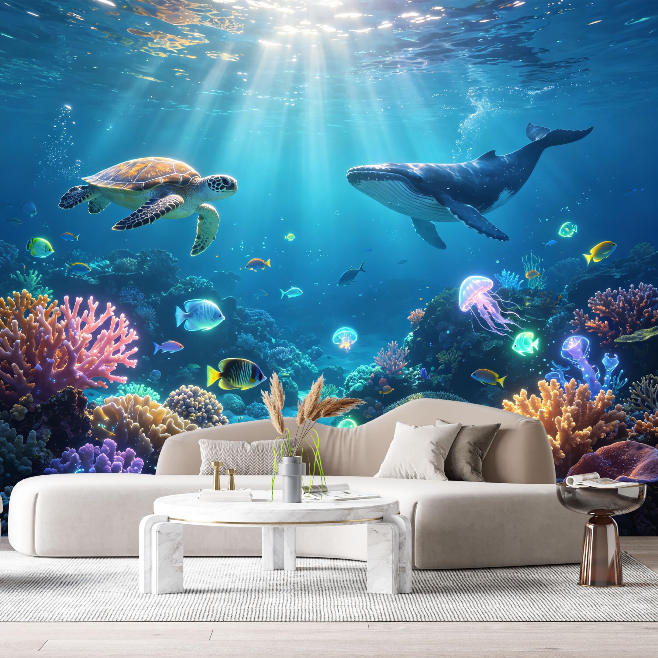 Custom Size Wall Murals Ocean Marine Underwater Scene Coral Reef Sea Turtle Whale Fish Watercolor SelfAdhesive Wall Fabric Removable Large Wallpaper for Photo Living Room