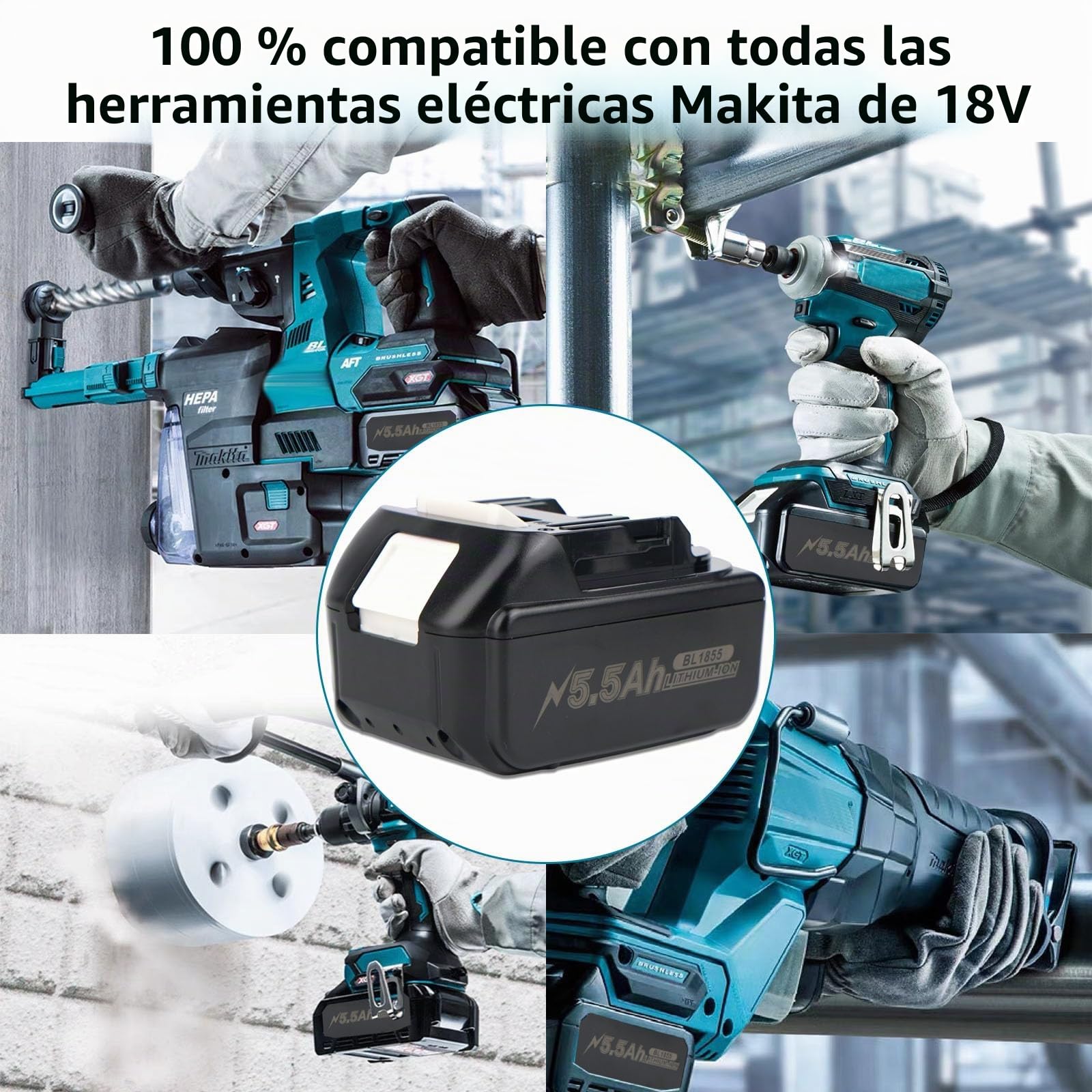 5,5 Ah Batería de repuesto para baterías Makita de 18V con cargador DC18RC Compatible con BL1860, BL1860B, BL1850, BL1850B, BL1840, BL1840B, BL1830, BL1830B, BL1815, BL1825, BL1835, BL1845, 194205-3