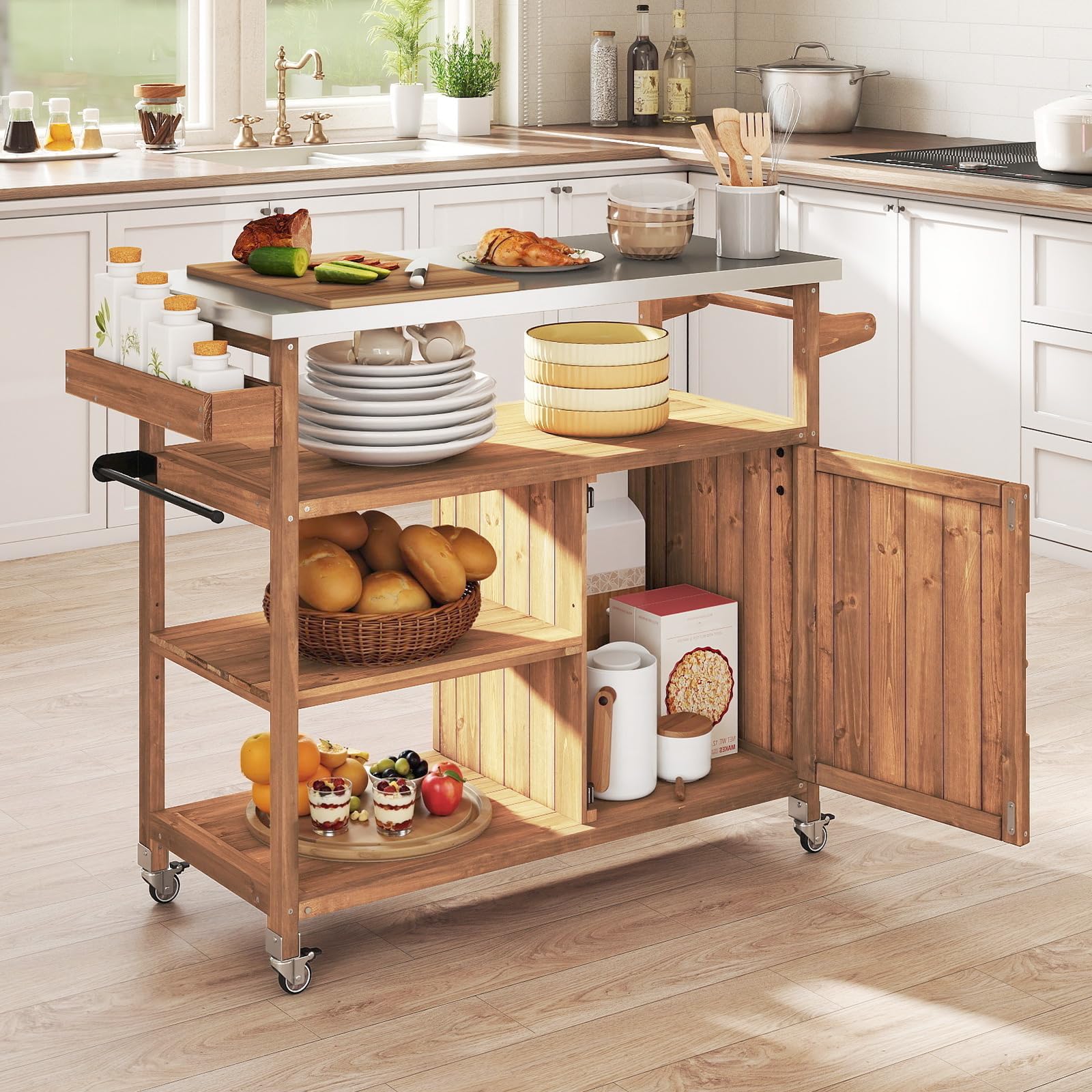 COSTWAY Grillwagen Outdoor, Servierwagen auf Rollen, Kücheninsel mit Edelstahl-Arbeitsplatte, Ablagen, Gewürzregal, Schrank & Handtuchhalter, Grill Trolley BBQ Grilltisch (1 Tür-118 x 47 x 92 cm)