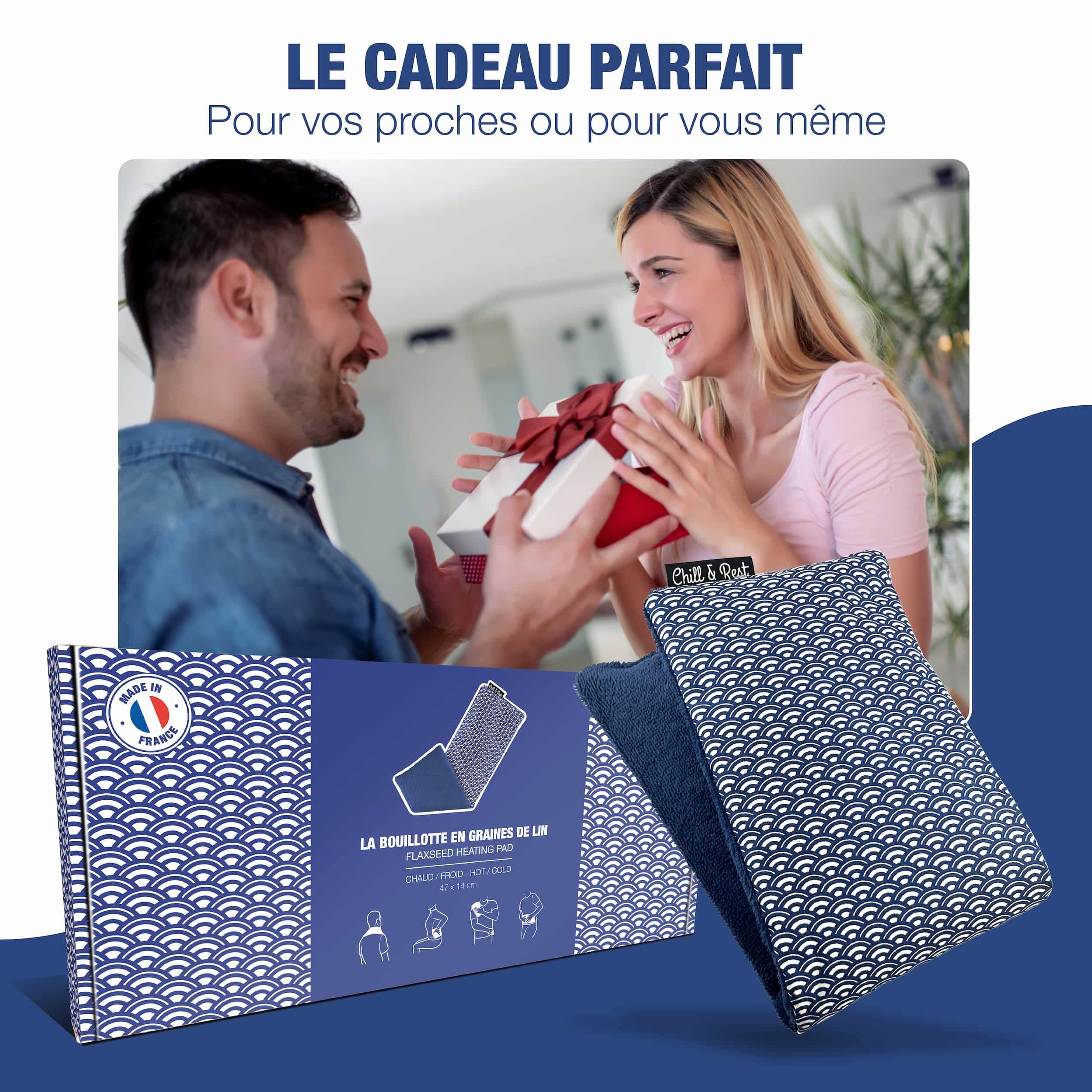 Chill&Rest - Bouillotte micro-onde fabriquée en France - Coussin chauffant micro onde - Bouillotte nuque et dos - Poche de froid - Chauffe cou - Idee cadeau homme - Bleu - La Segaiha
