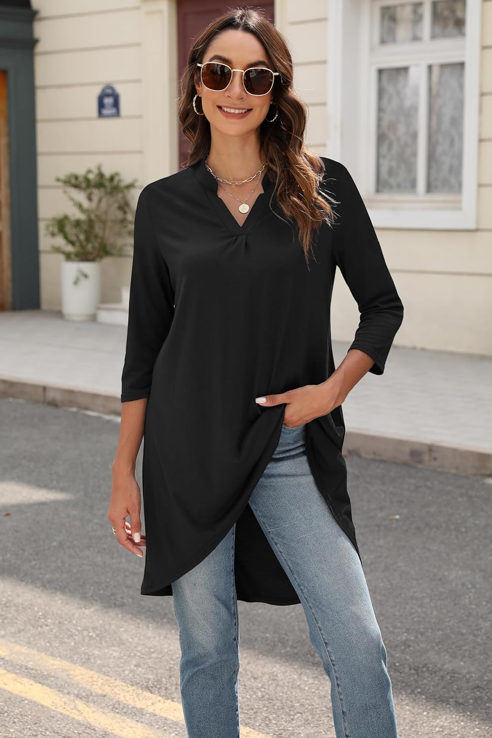 Naggoo Women's 3/4 Sleeve Notch V Neck High Low Loose Fit Long Tunic Tops Shirts Blouses M-3XL - Image 2