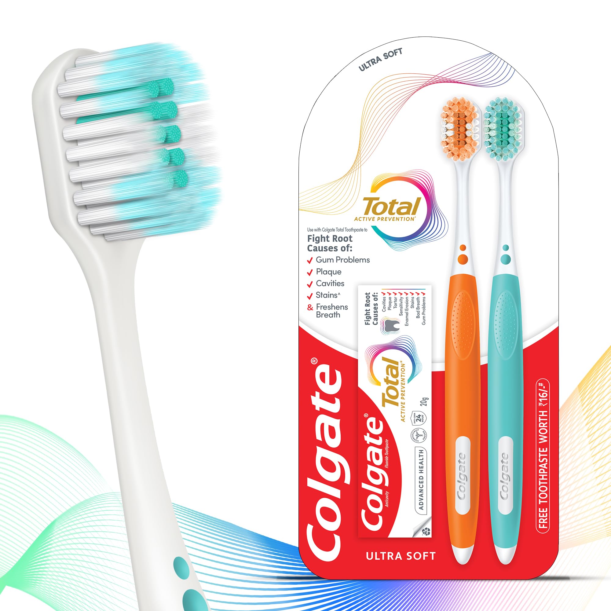 Colgate Toothbrush Total (2pcs) | Ultra Soft brush toothbrush for adults with Total Advanced Health Toothpaste 20g | tooth brush combo pack offer