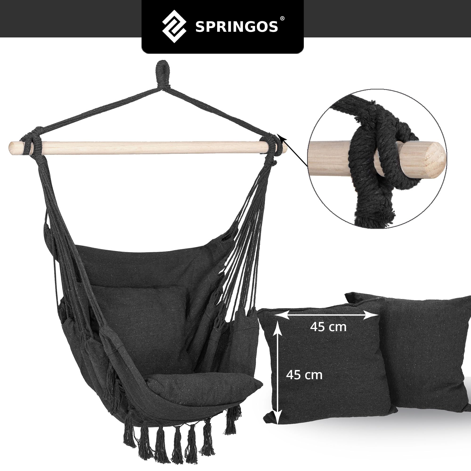 Springos® Fauteuil Suspendu Brésilien avec Coussins, Charge Max 150 kg, Fauteuil balançoire Boho en Coton/Polyester avec Cadre en Bois, Gris foncé, Poche latérale, Parfait pour Jardin
