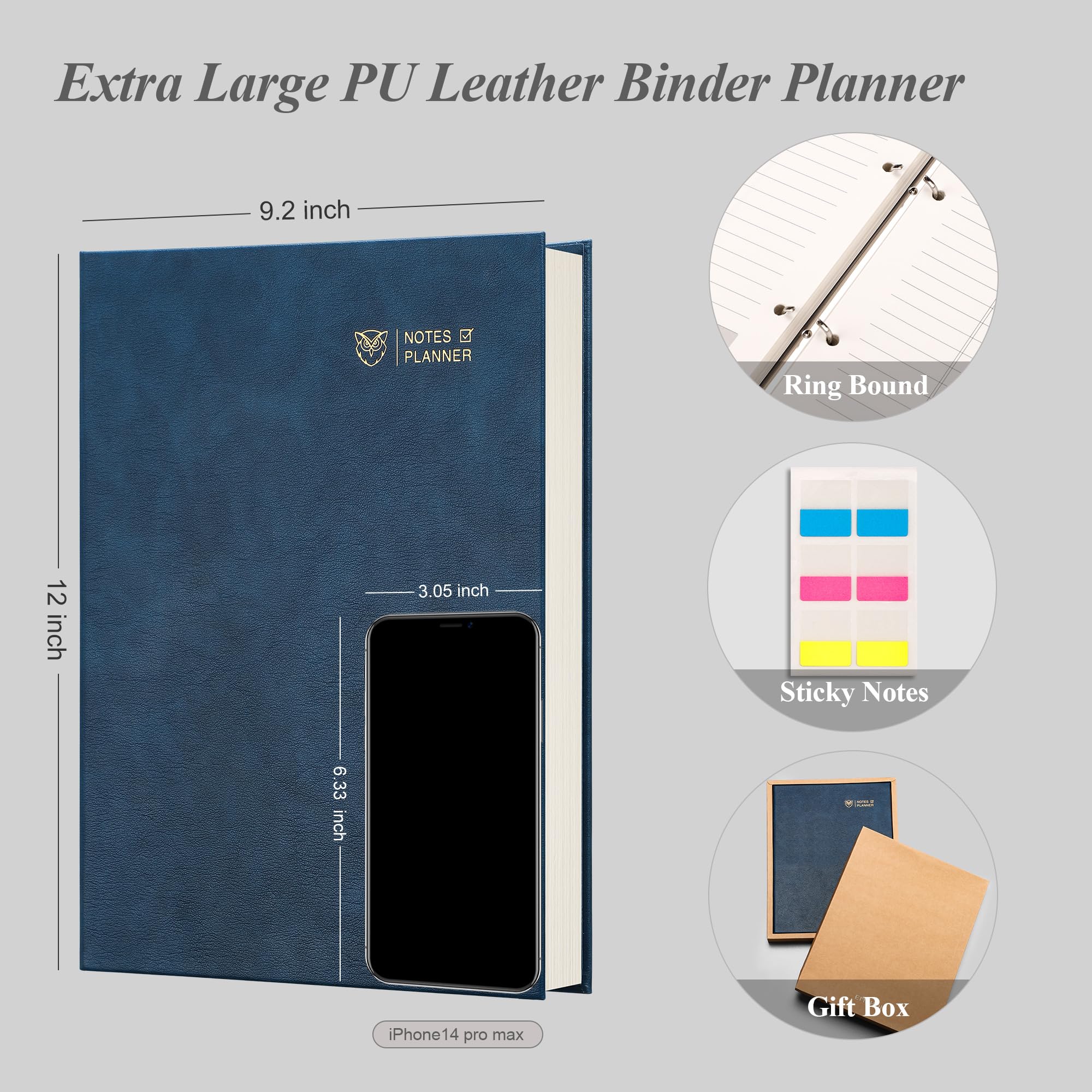 EMSHOI Carnet de réunion A4 non daté - 240 pages rechargeables - Bloc-notes rigide avec notes autocollantes, papier 100 g/m² - Journal en cuir pour femmes et hommes, travail d'affaires, 21,6 x 28 cm
