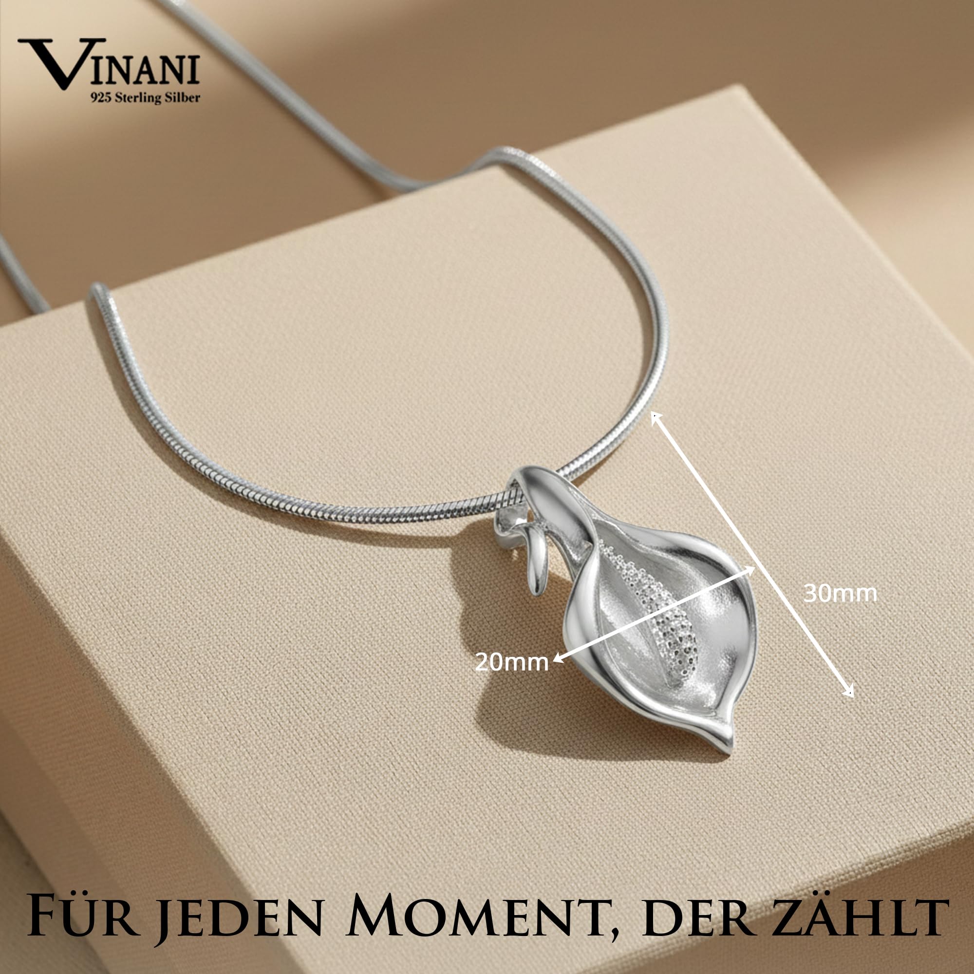 Calla Kette mit Anhänger 925 Sterling Silber glänzend für Damen, ABS-S | Nickelfrei, antiallergisch, Design aus Deutschland, feine Schlangenkette und stilvolle Geschenkidee