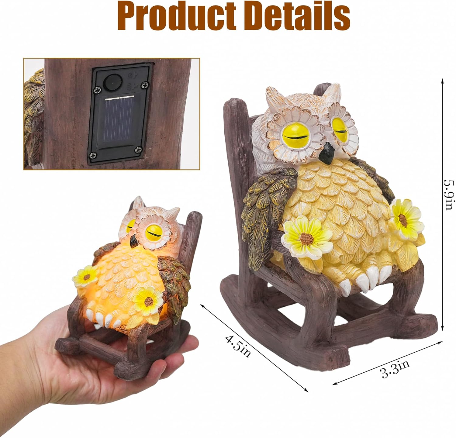 Light Up Owl on Chair Garden Sculpture, LED Solar Powered Owl Lying on The Chair Centerpiece, Cute Figurine Statue for Home Fireplace Outdoor Collection Decoration, 6x4.5x3.3 in - Image 2