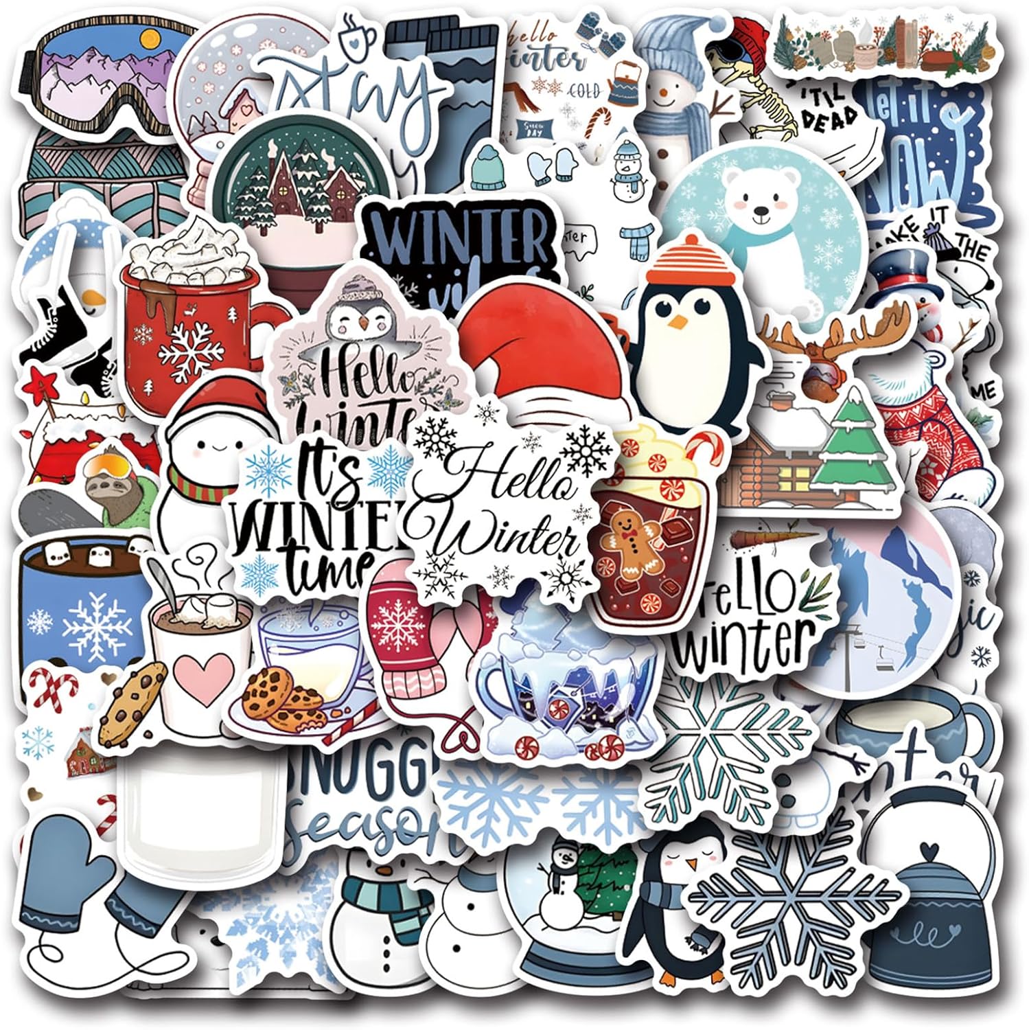 60PCS Winter Stickers for Kids,Snowflake Sticker for Water Bottles,Hello Winter Vinyl Waterproof Sticker for Laptop Skateboard Phone Penguin,Snowman Stickers for Kids Teens Girls - Image 3