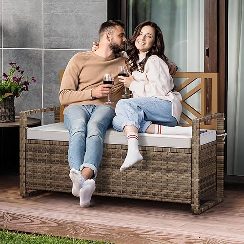 Miniatura 7 de YITAHOME Banco de almacenamiento al aire libre de 70 galones, banco de mimbre de polietileno para todo tipo de clima, caja de almacenamiento para